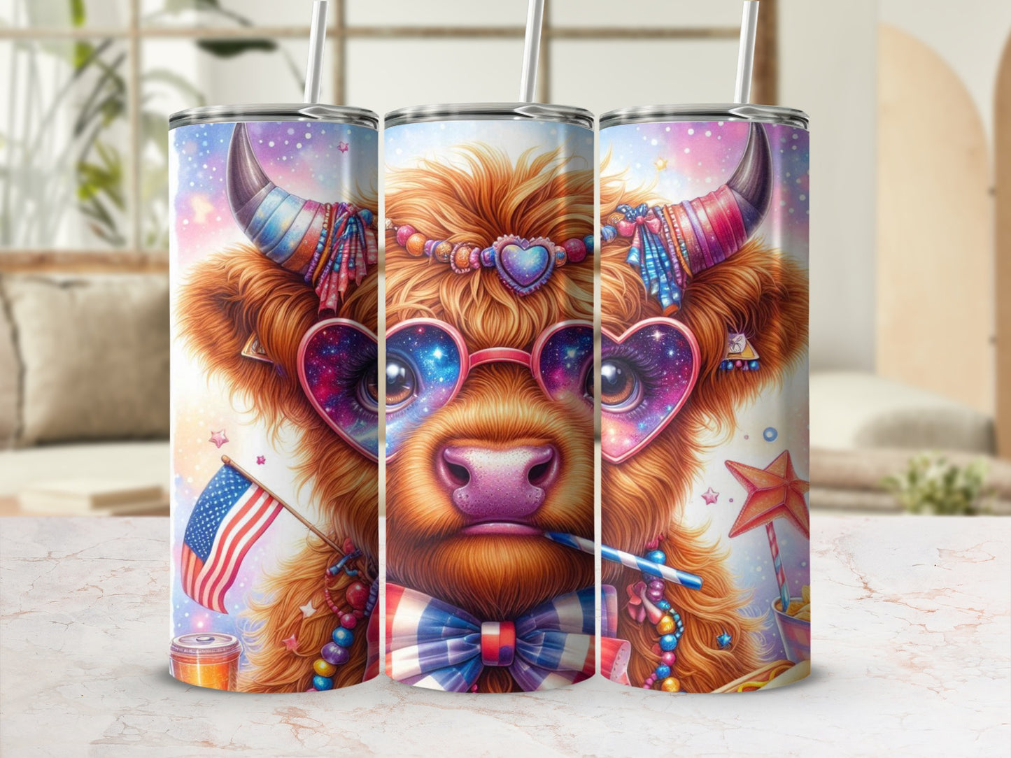 Highland cow with patriotic heart sunglasses and flag, on a tumbler.