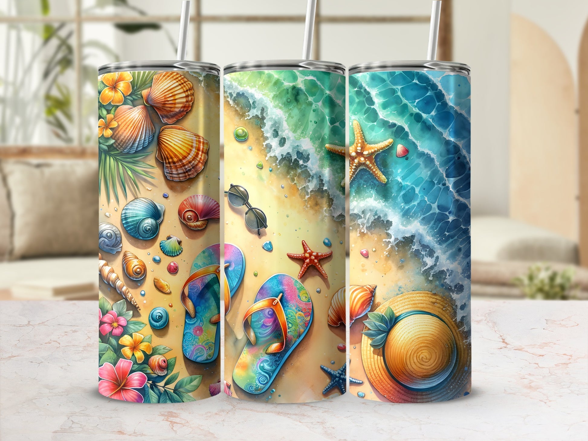 Three beach-themed tumblers with shells, flip-flops, sunglasses, and a straw hat.