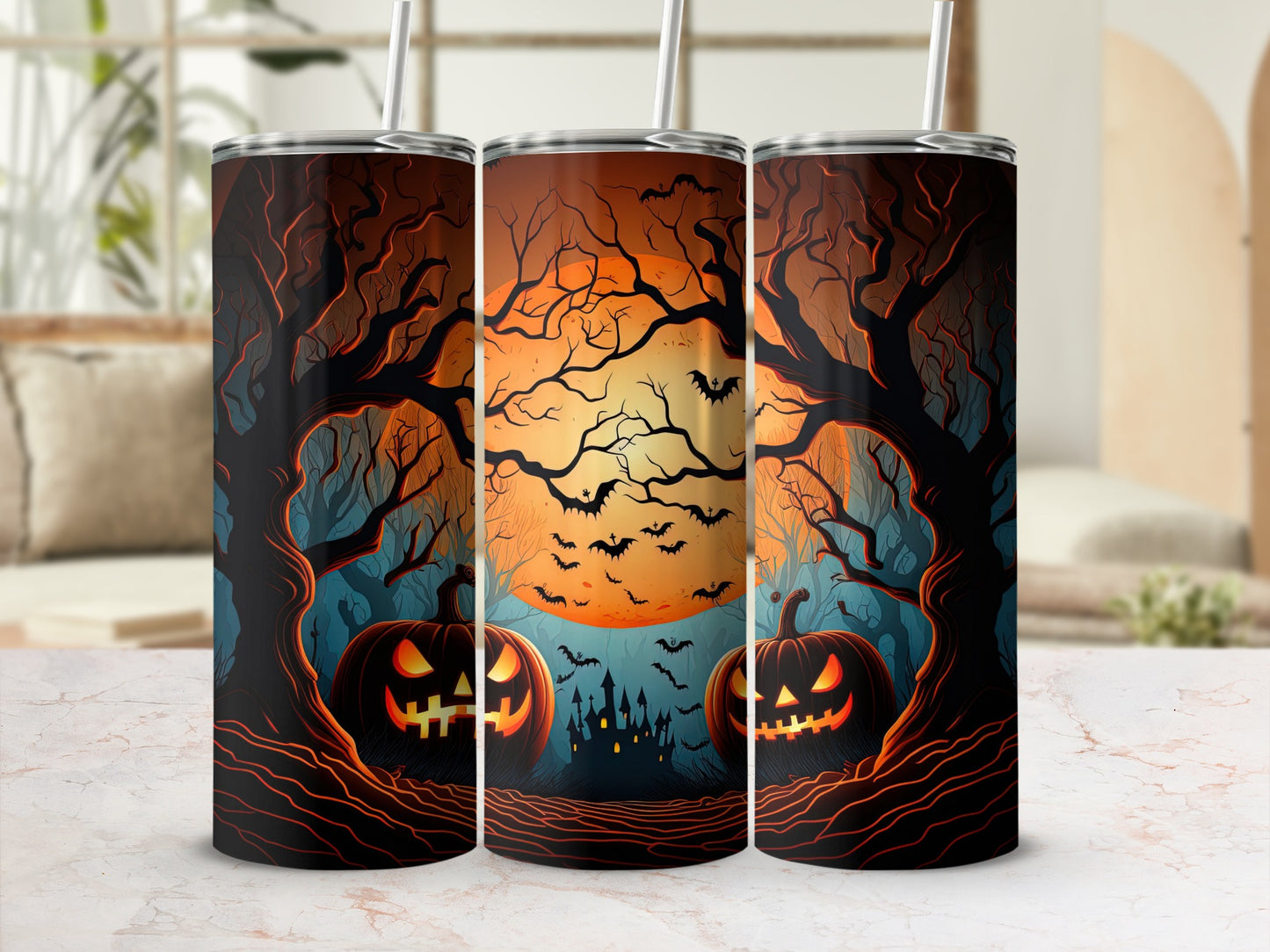 Three tumblers feature a Halloween scene with pumpkins, bats, and a castle.