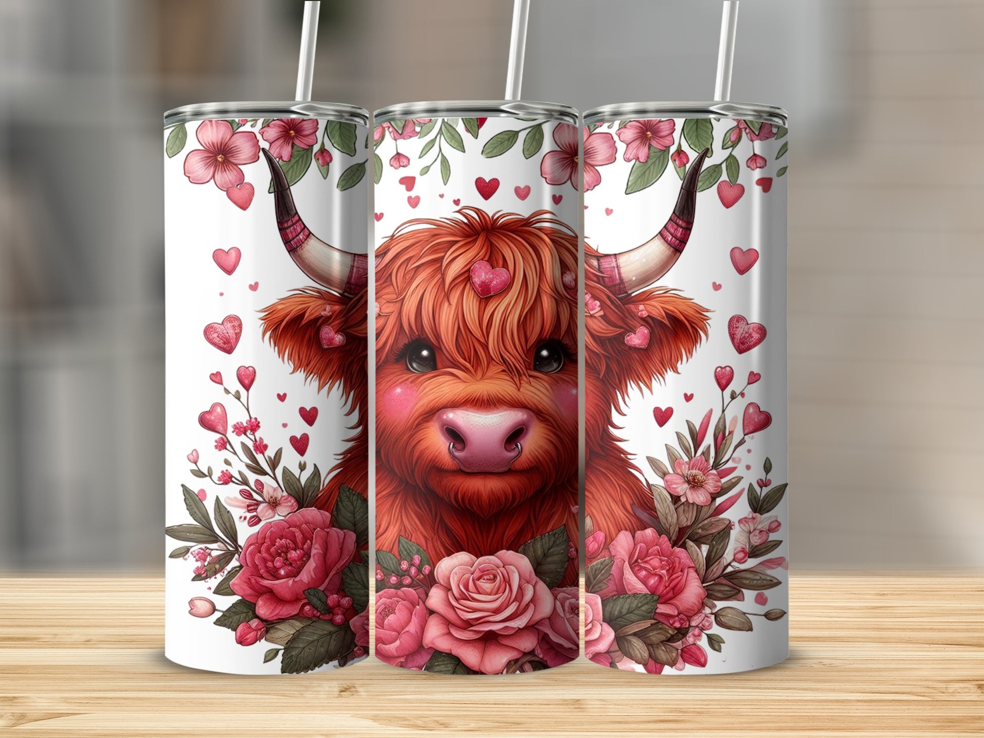 Highland cow with pink hearts and roses on a tumbler.
