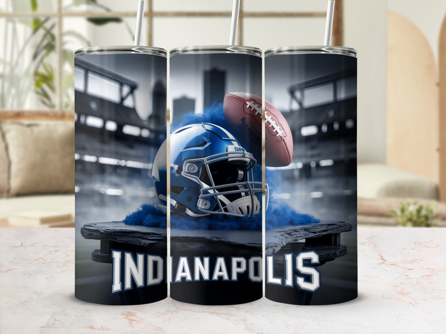 Indianapolis Colts helmet and football with stadium background on a tumbler.