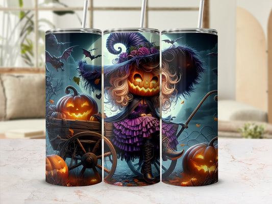 Tumbler with jack-o'-lantern witch, bats, and spooky Halloween scene.