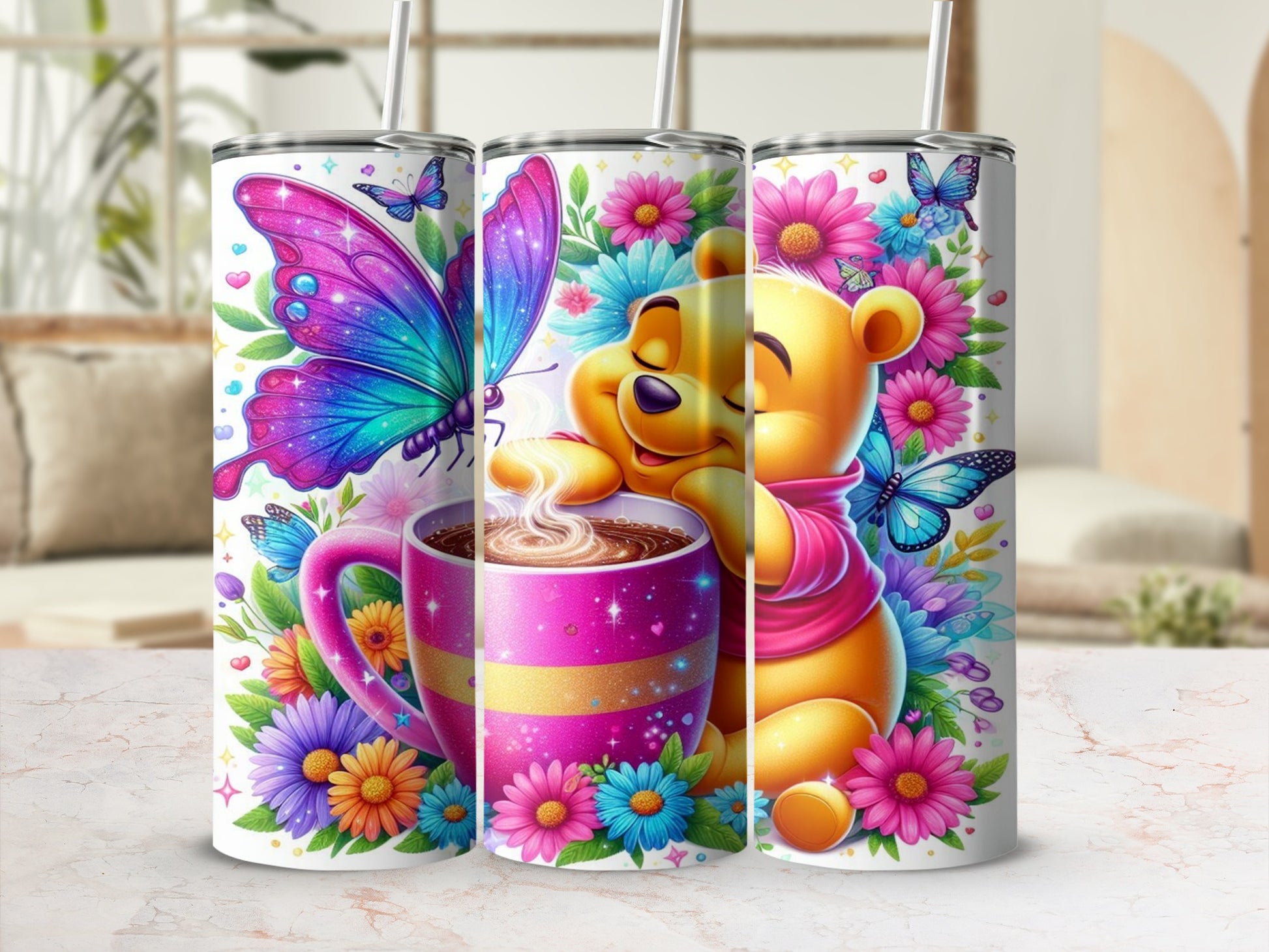 Colorful Butterfly and Bear Tumbler with Straw Tumbler