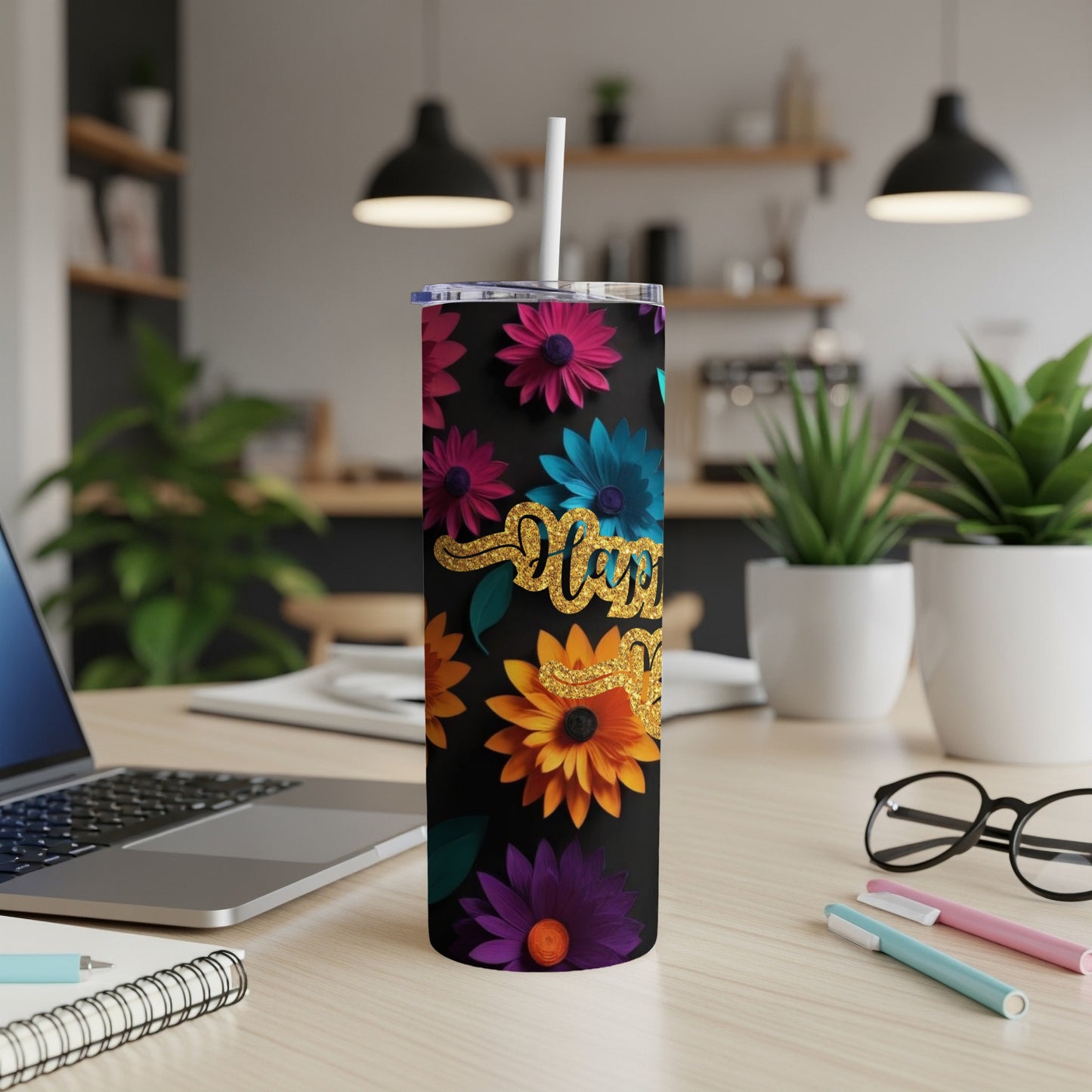 Black tumbler with floral pattern and "Happy Birthday" text.