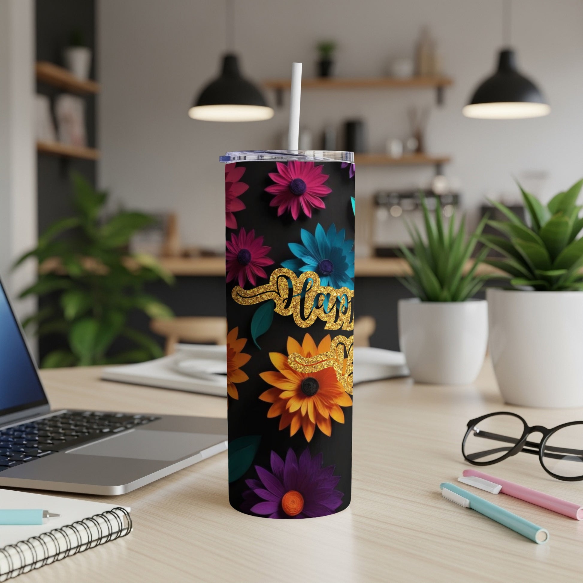 Black tumbler with floral pattern and "Happy Birthday" text.