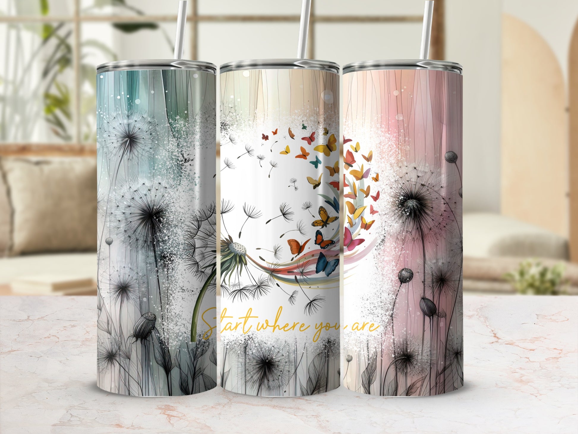 Dandelion and Butterfly Design Stainless Steel Tumbler