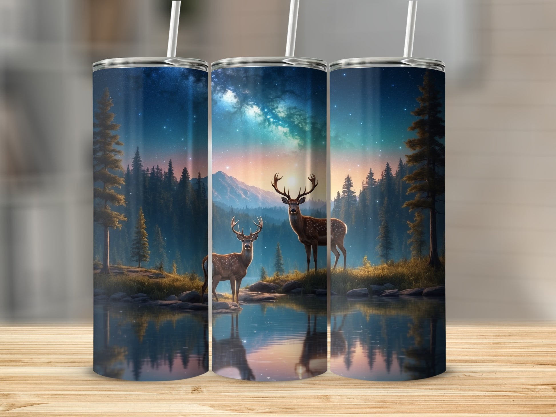 Two deer stand by a lake with a starry night sky and mountains.