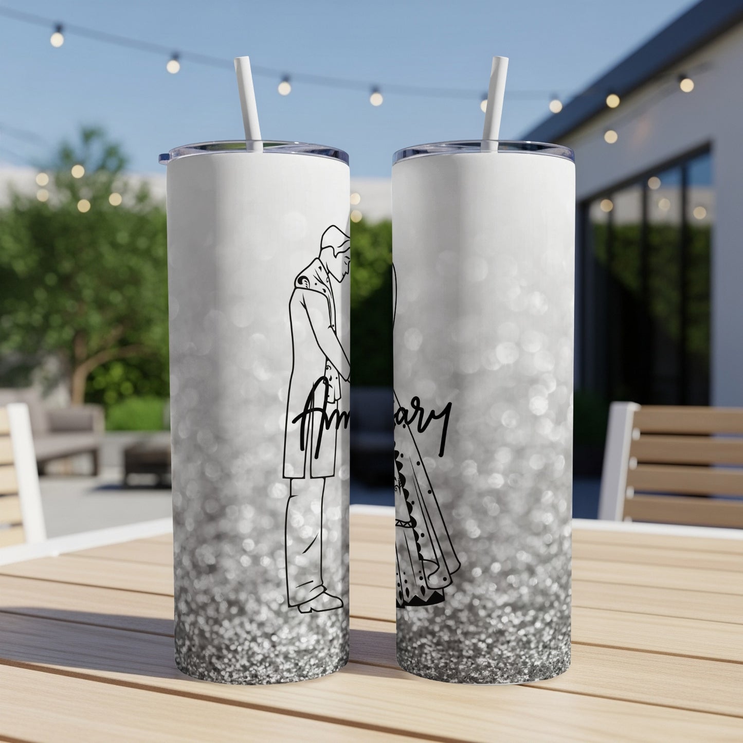 Two tumblers with line art of a couple and "Anniversary" text.