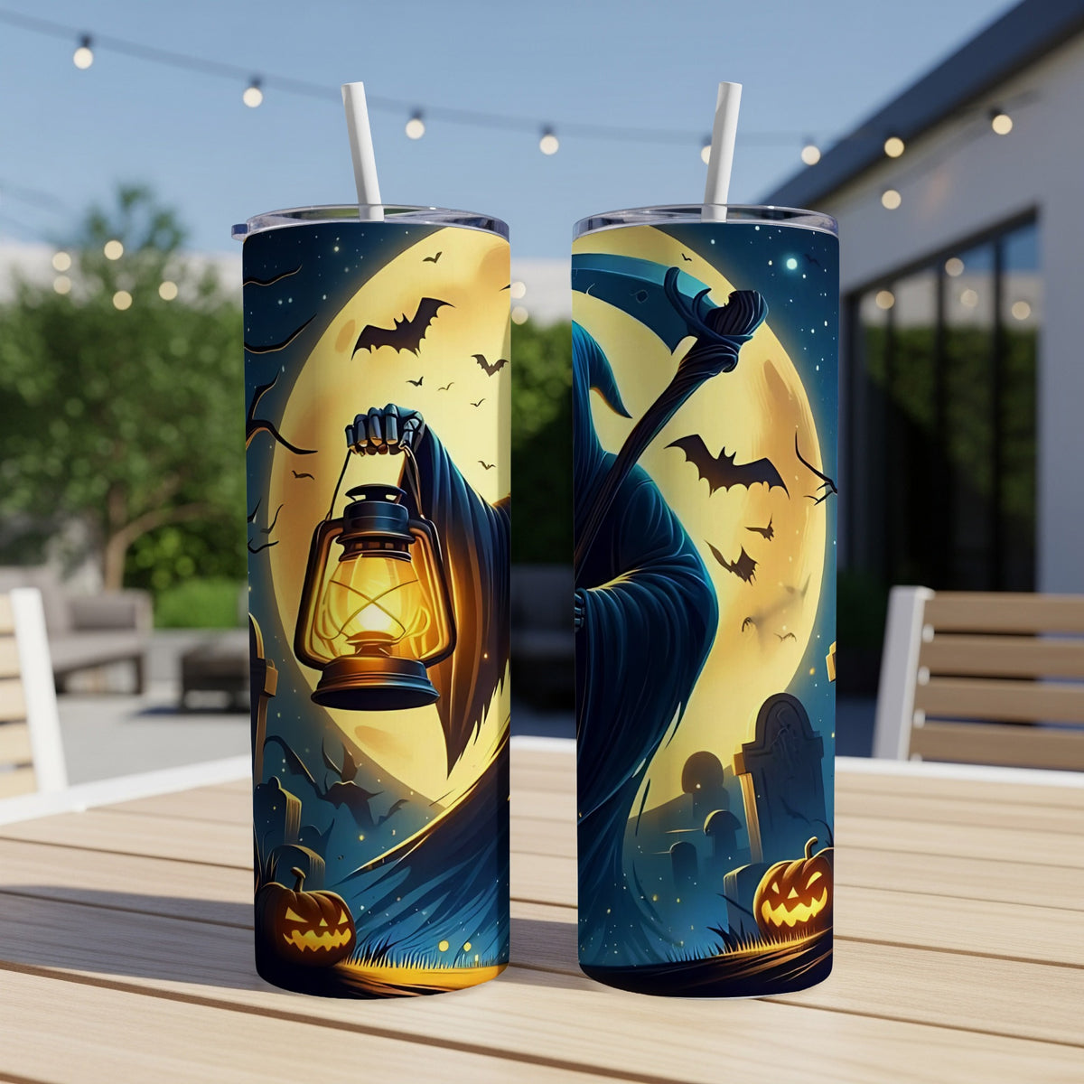 Halloween tumbler with Grim Reaper, lantern, bats, moon, and pumpkins.