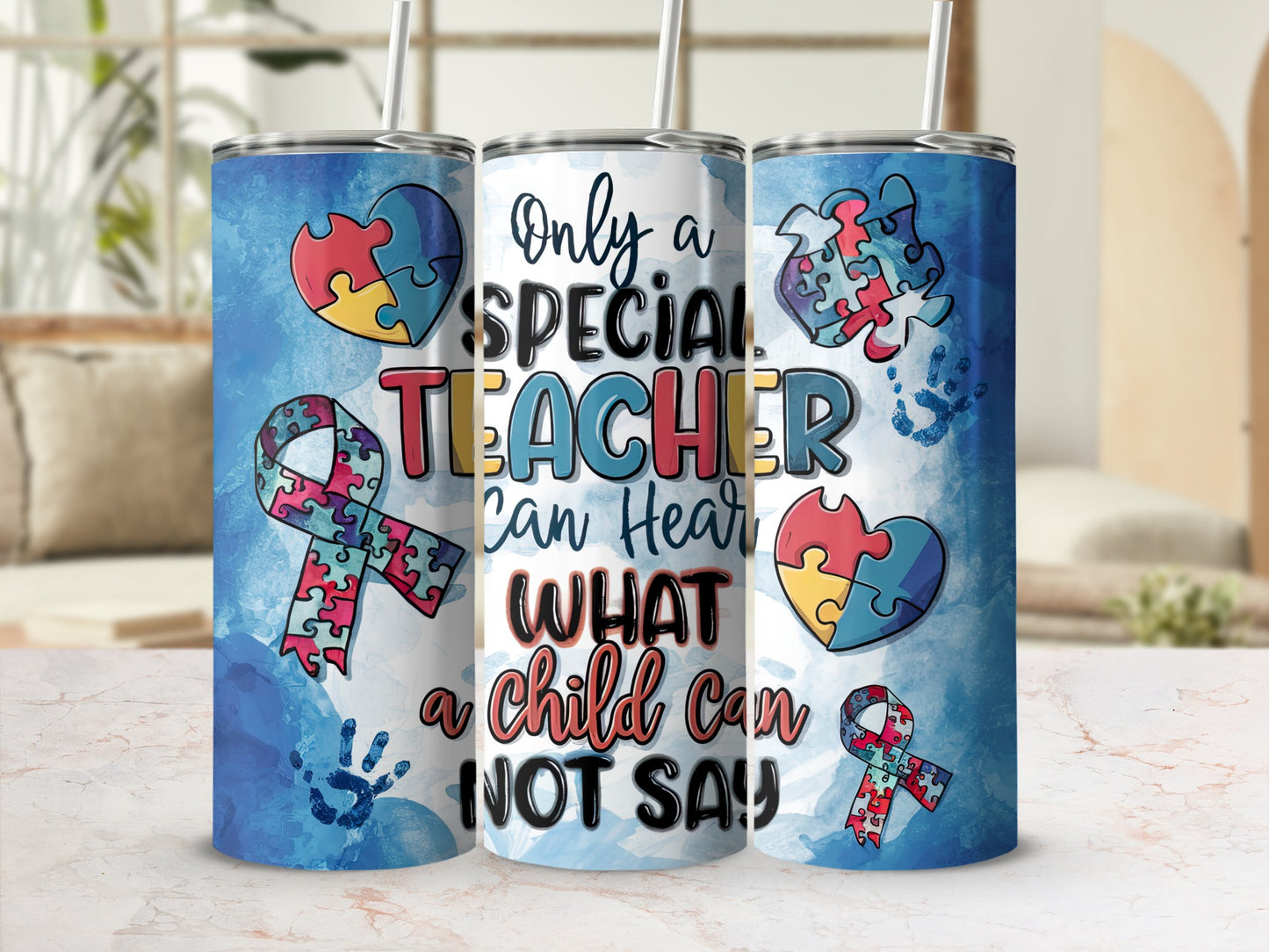 Autism awareness teacher tumbler with blue watercolor, puzzle pieces, and handprints.