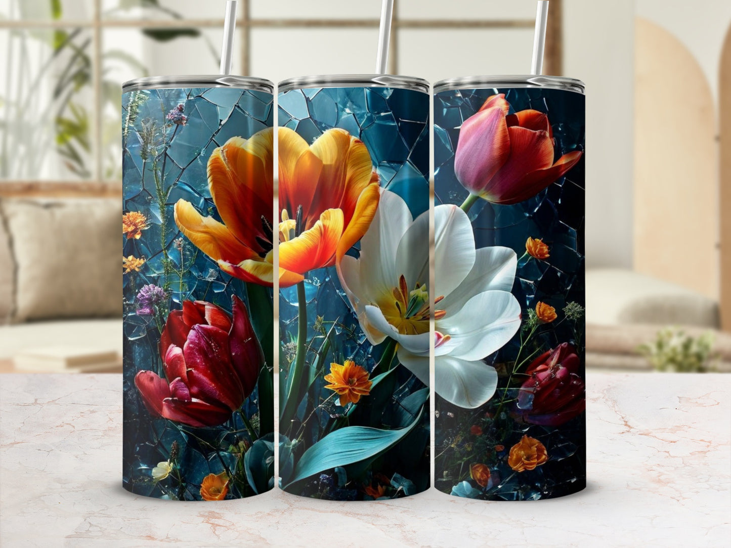 Floral pattern tumbler with tulips, dark background and textured surface.