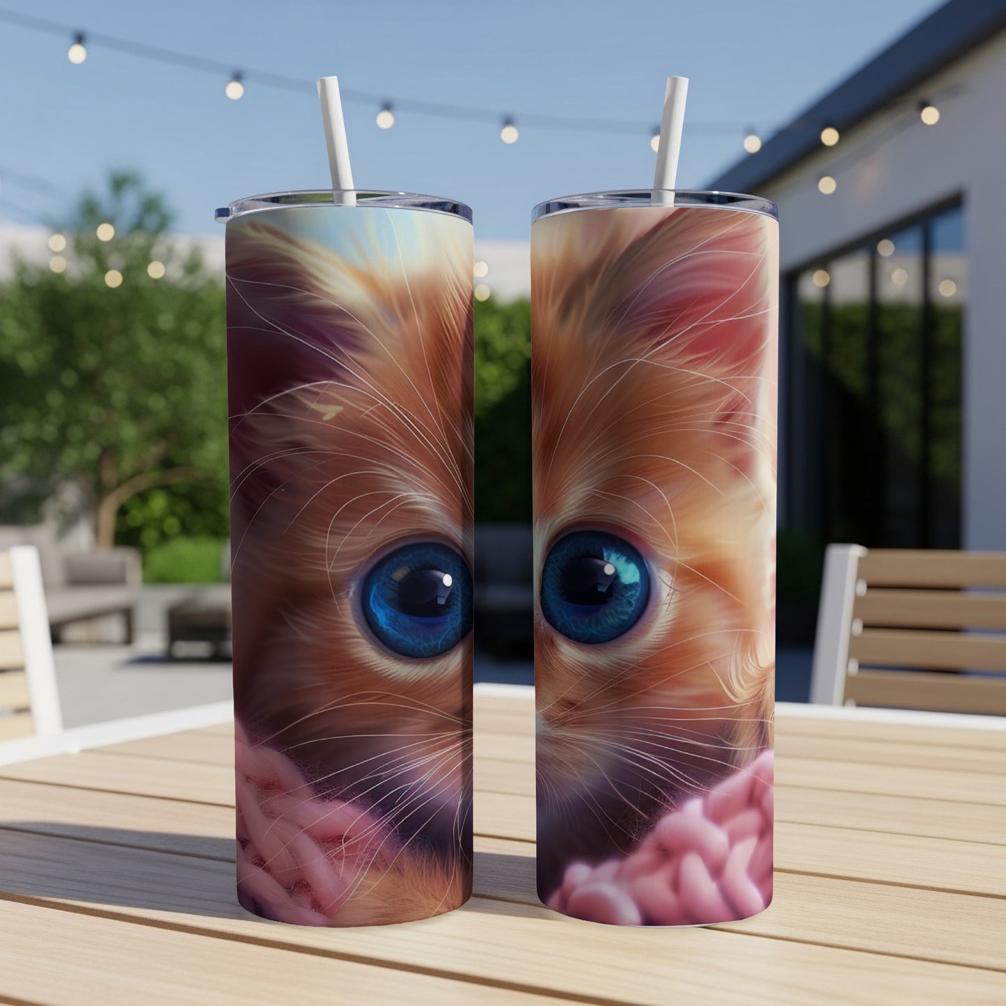Close-up of a ginger kitten's face with large blue eyes on a patterned tumbler.