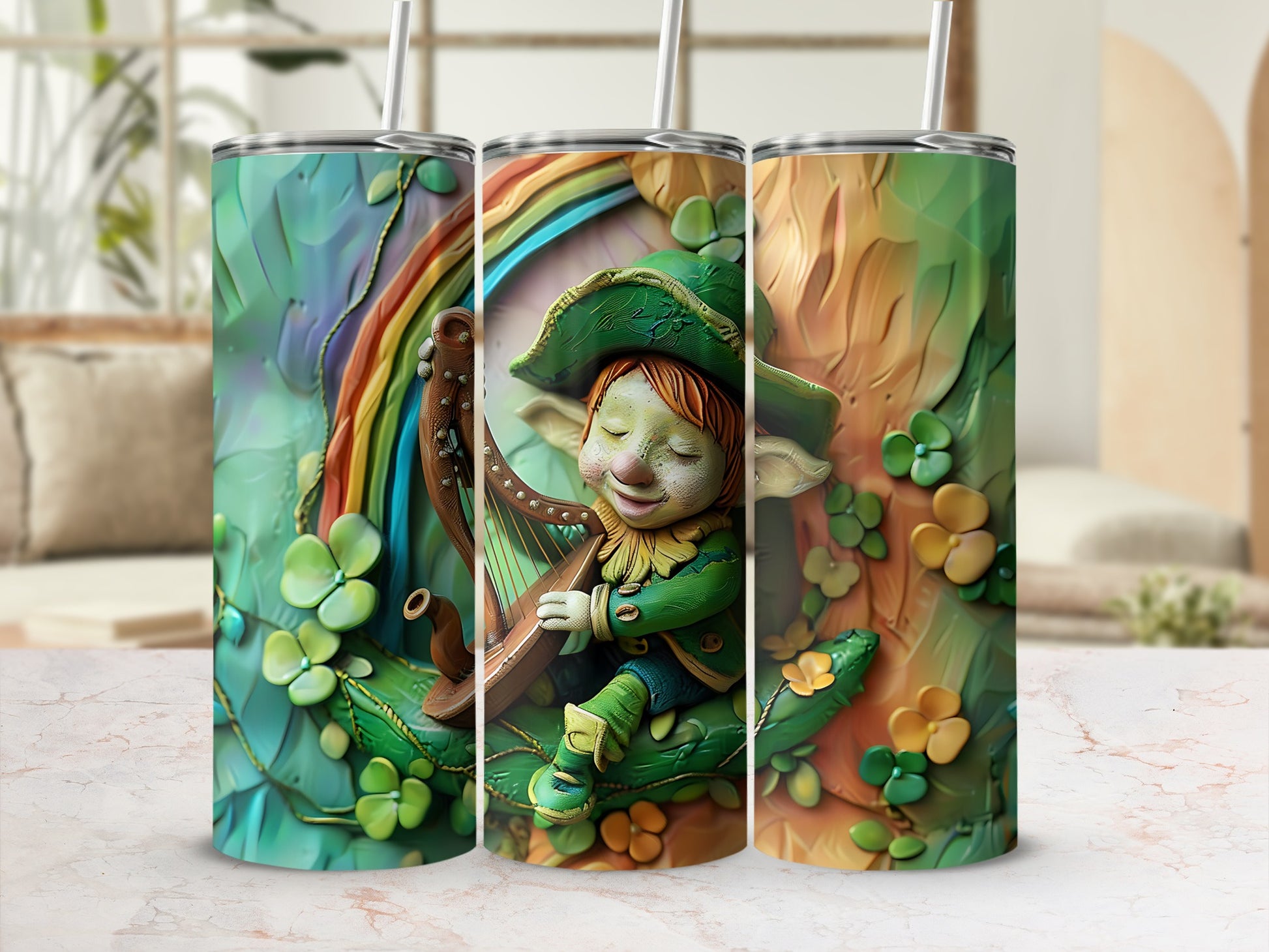 Leprechaun playing a harp in a colorful forest with a rainbow.