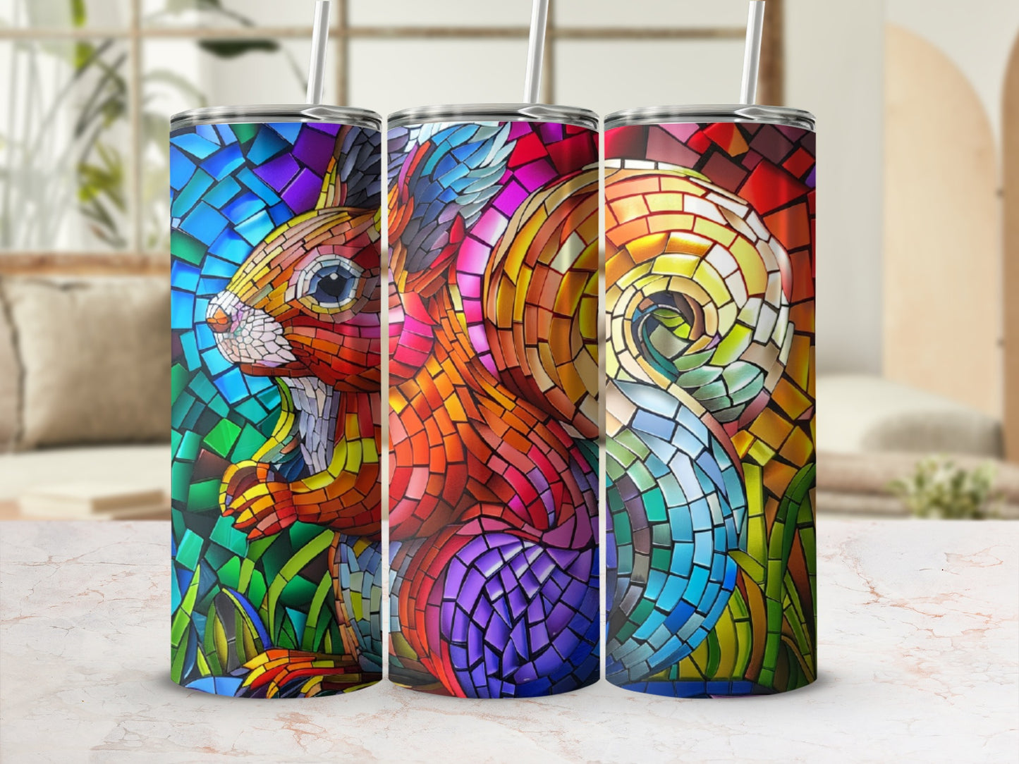 Three tumblers with stained glass squirrel designs against a blurred background.