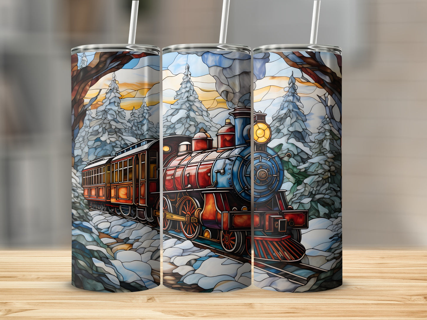 Train in snowy forest with stained glass effect.