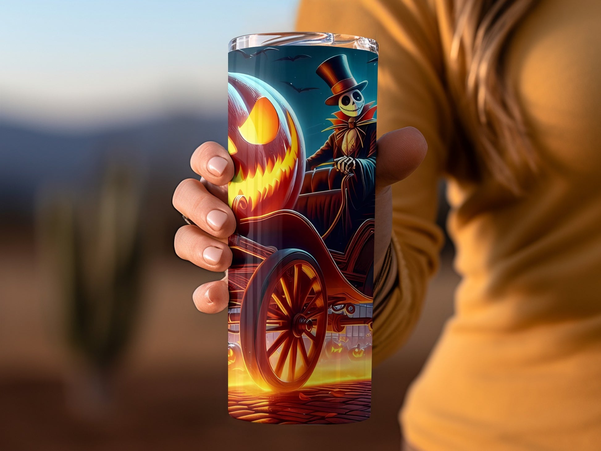 Spooky Halloween Skeleton and Pumpkin Scene Tumbler