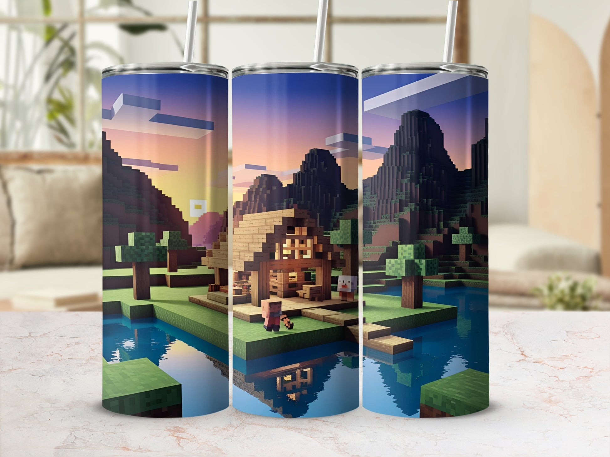 Minecraft scene with cabin, pig, and pixelated landscape.