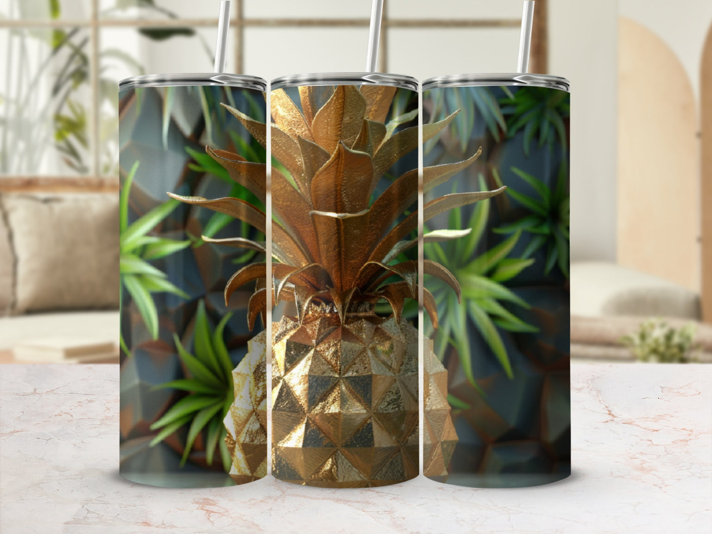 Three golden pineapple tumblers with straws on a marbled surface.
