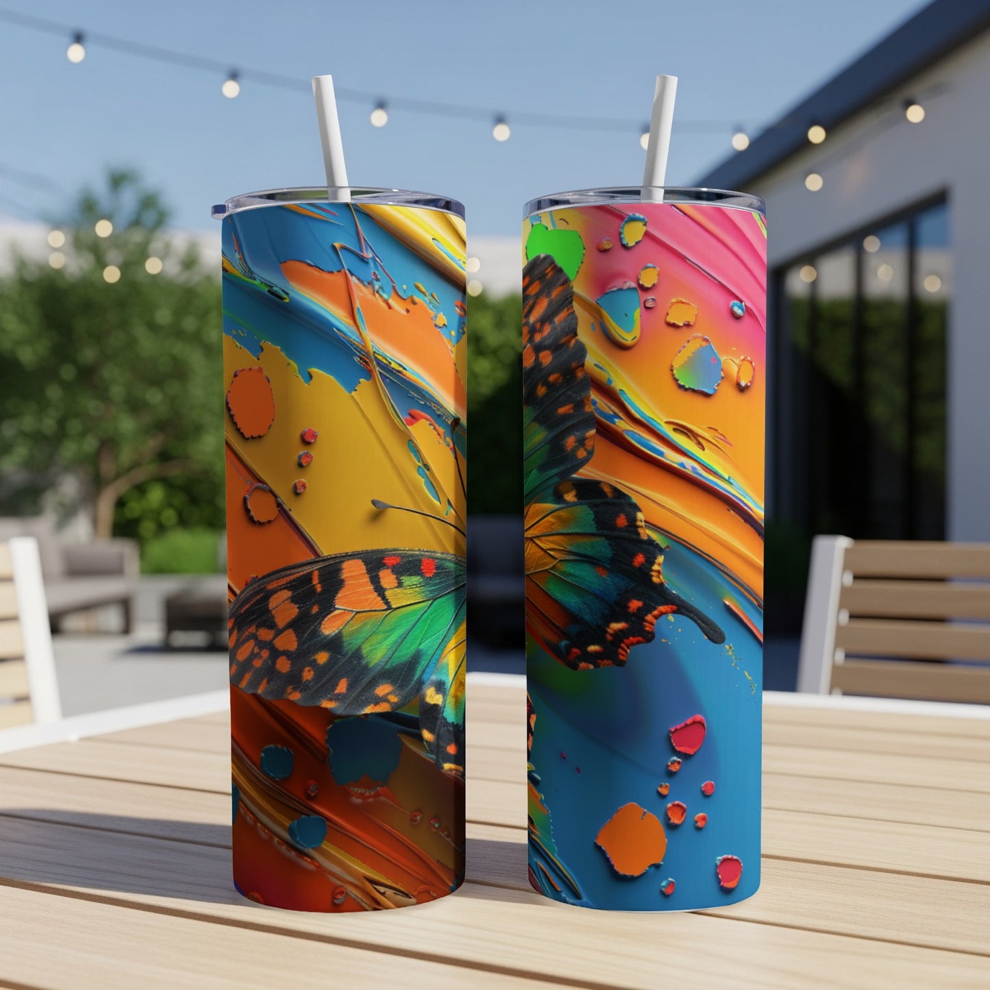 Two tumblers with a colorful abstract butterfly design and straws.