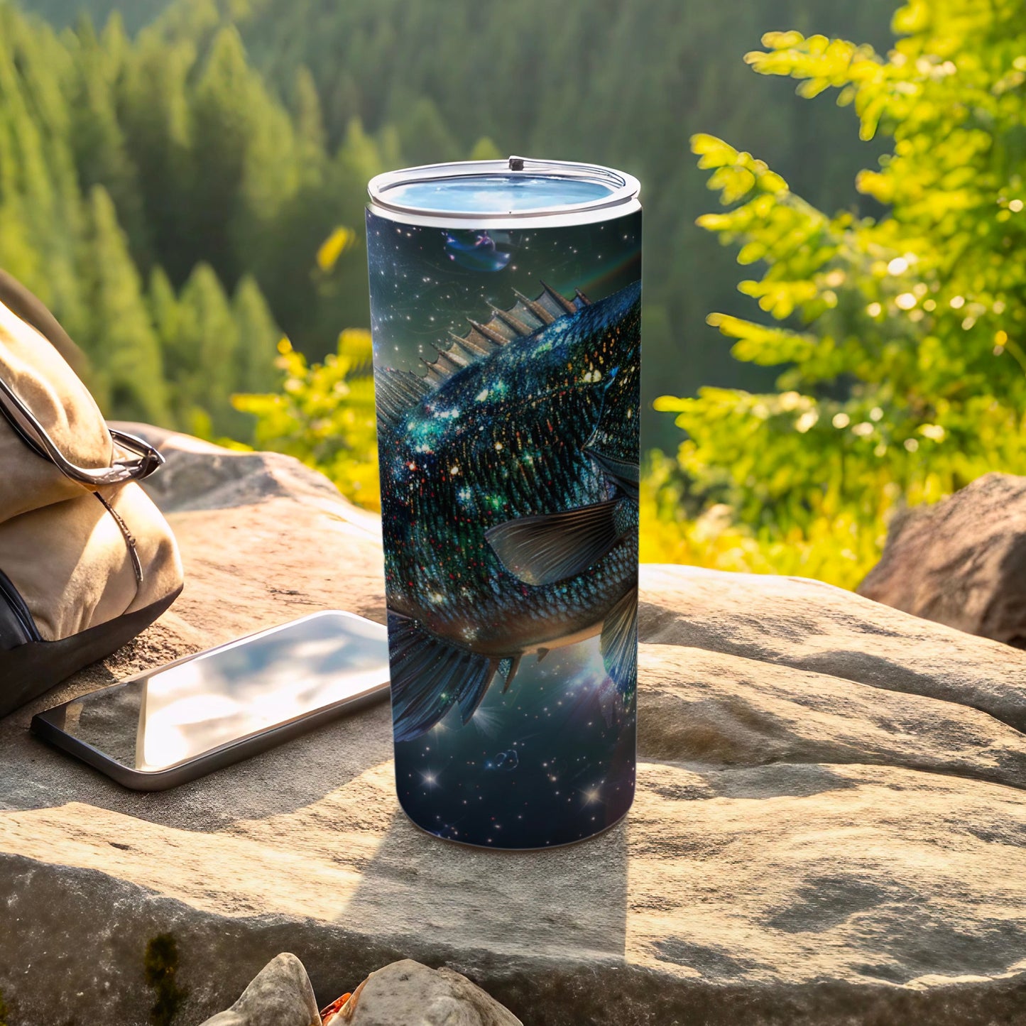 Black bass with starry galaxy design on a travel tumbler.