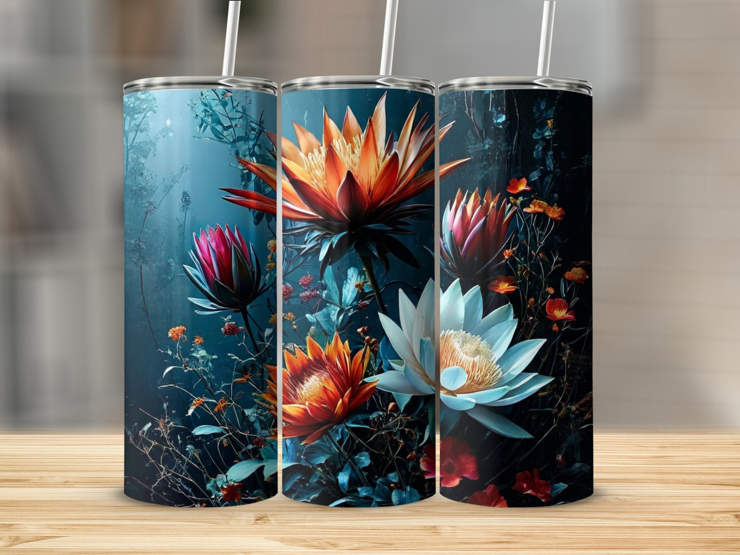 Three tumblers featuring a dark, floral design with vibrant orange and white lilies.