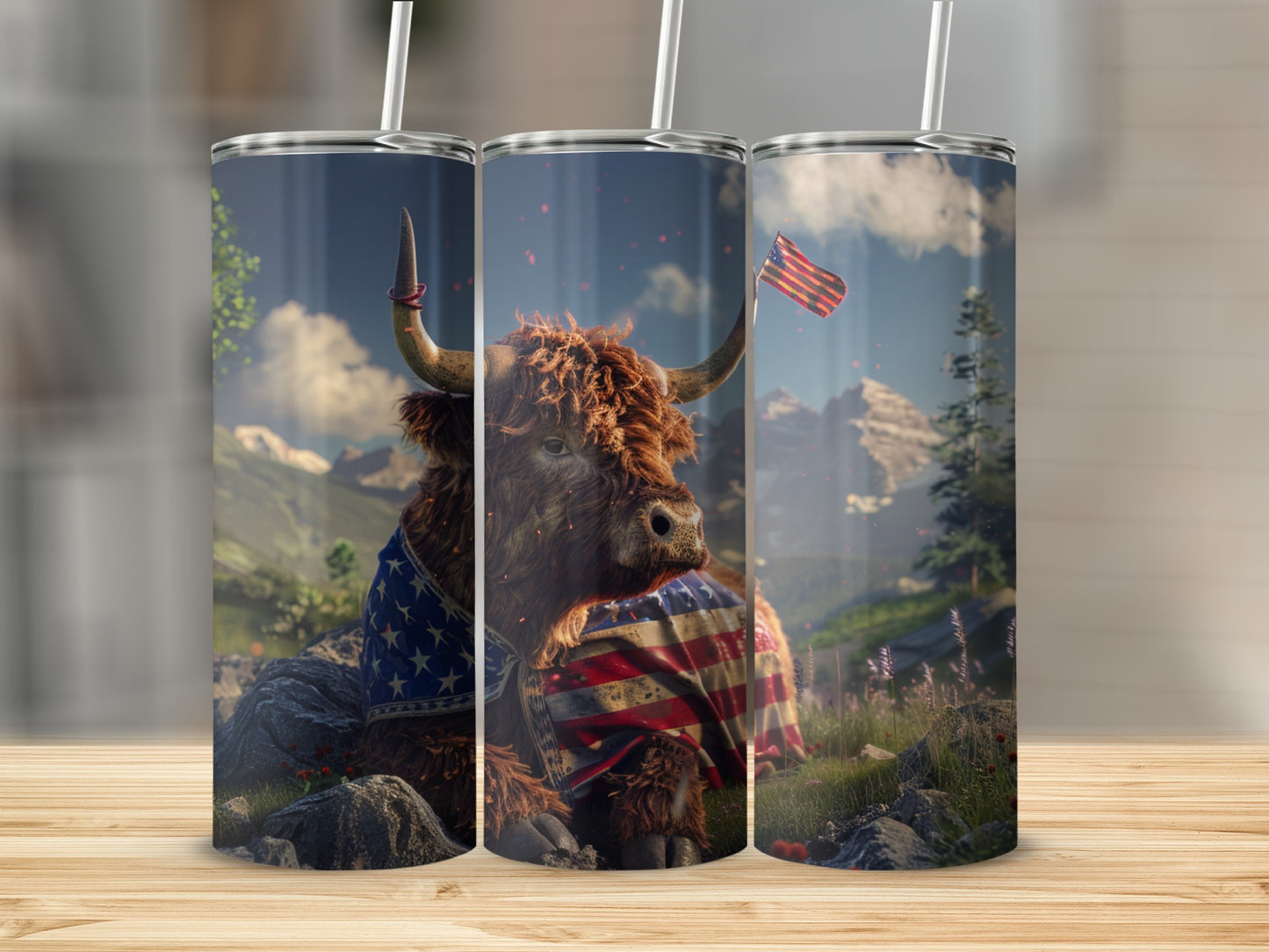Highland cow wearing American flag blanket in mountain landscape.