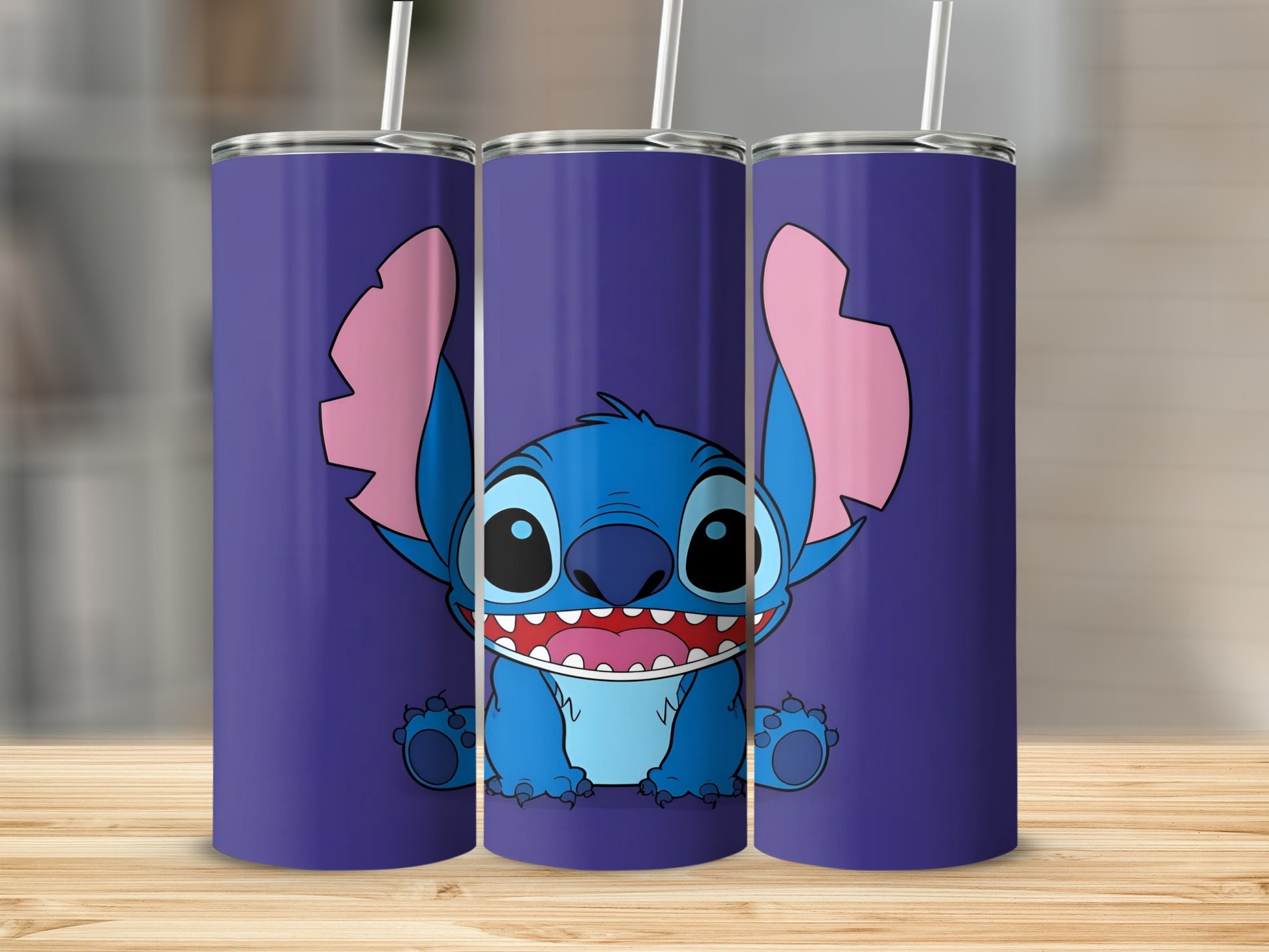 Stitch character on a purple tumbler, front view.
