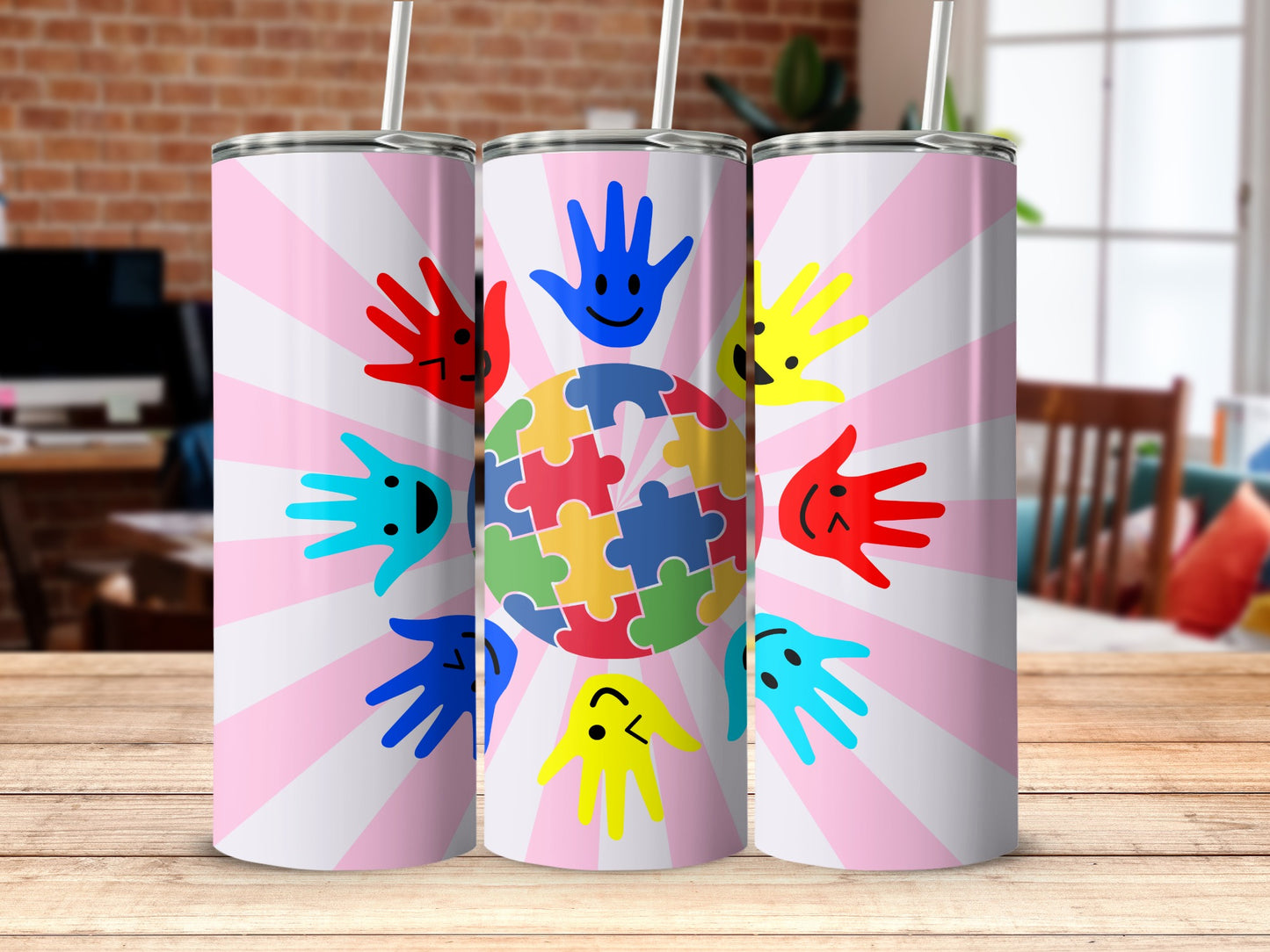Colorful Puzzle Globe with Smiling Hands Tumbler