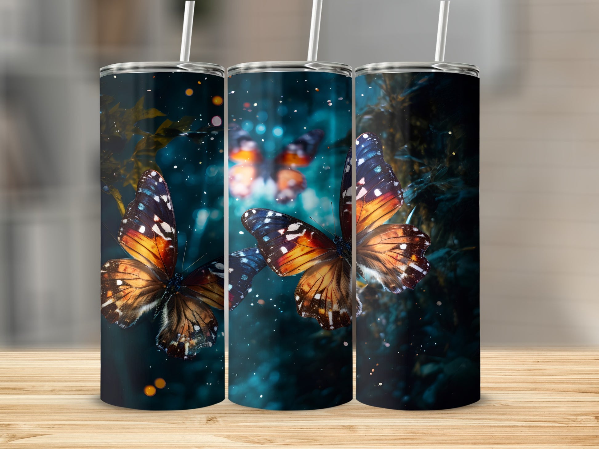 Three tumblers featuring a vibrant butterfly design on a dark, bokeh background.