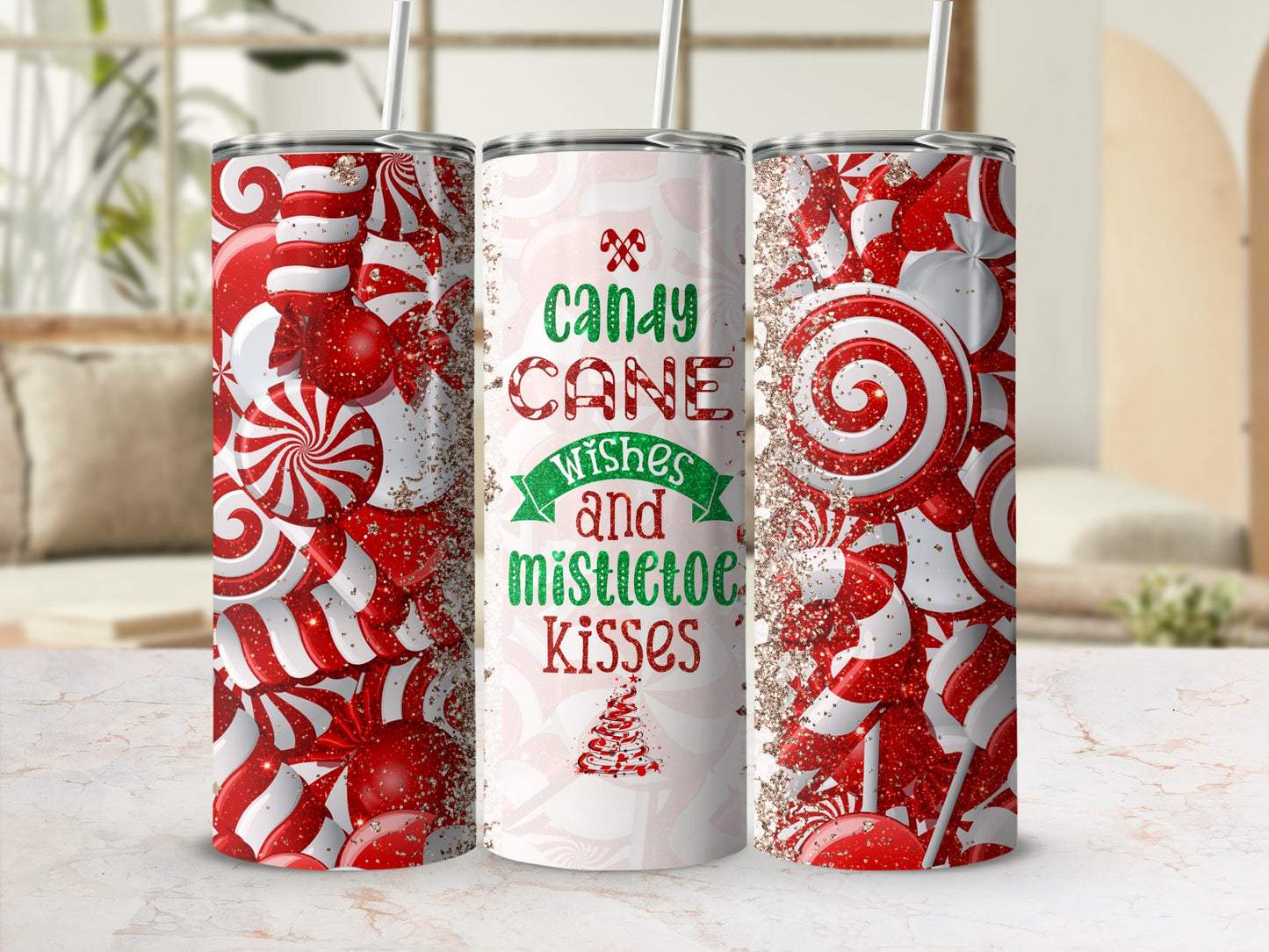 Christmas tumbler with candy cane, peppermint, and glitter design.