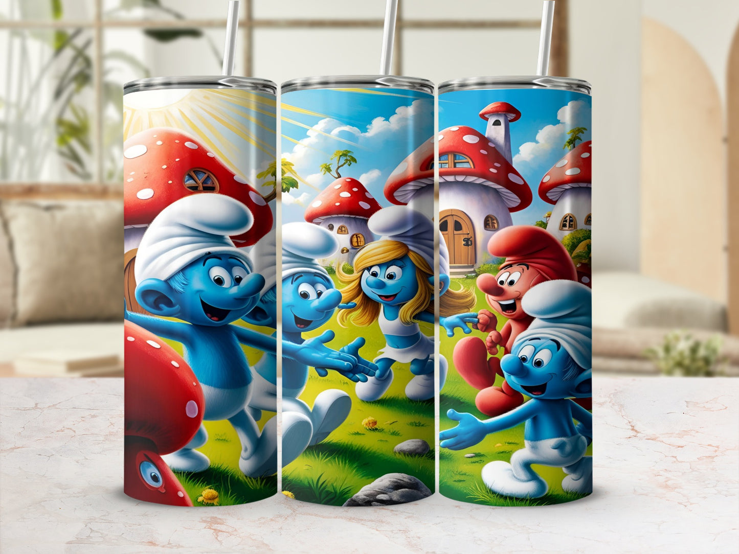 Smurfs playing in a grassy meadow with mushroom houses.