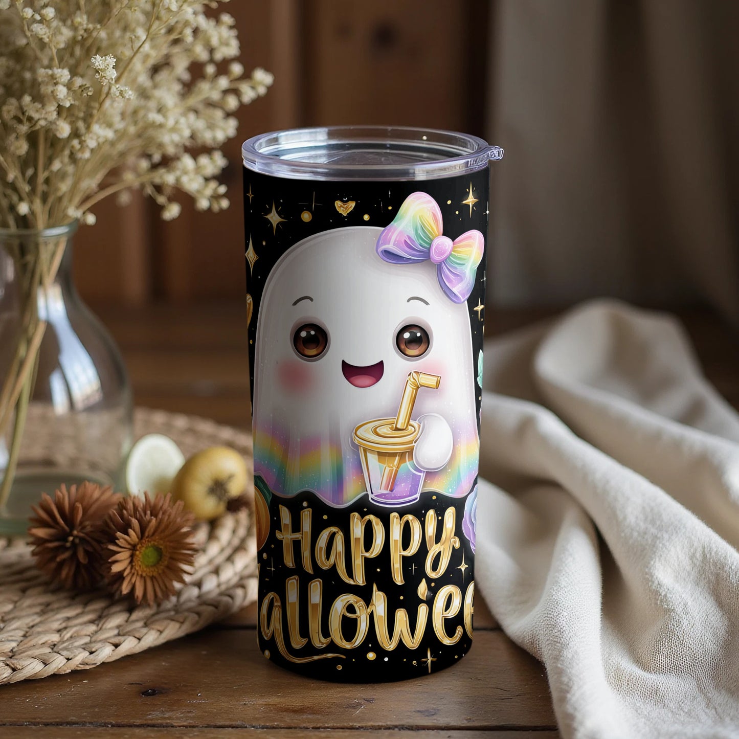 Cute Rainbow Ghost Happy Halloween Tumbler Cup