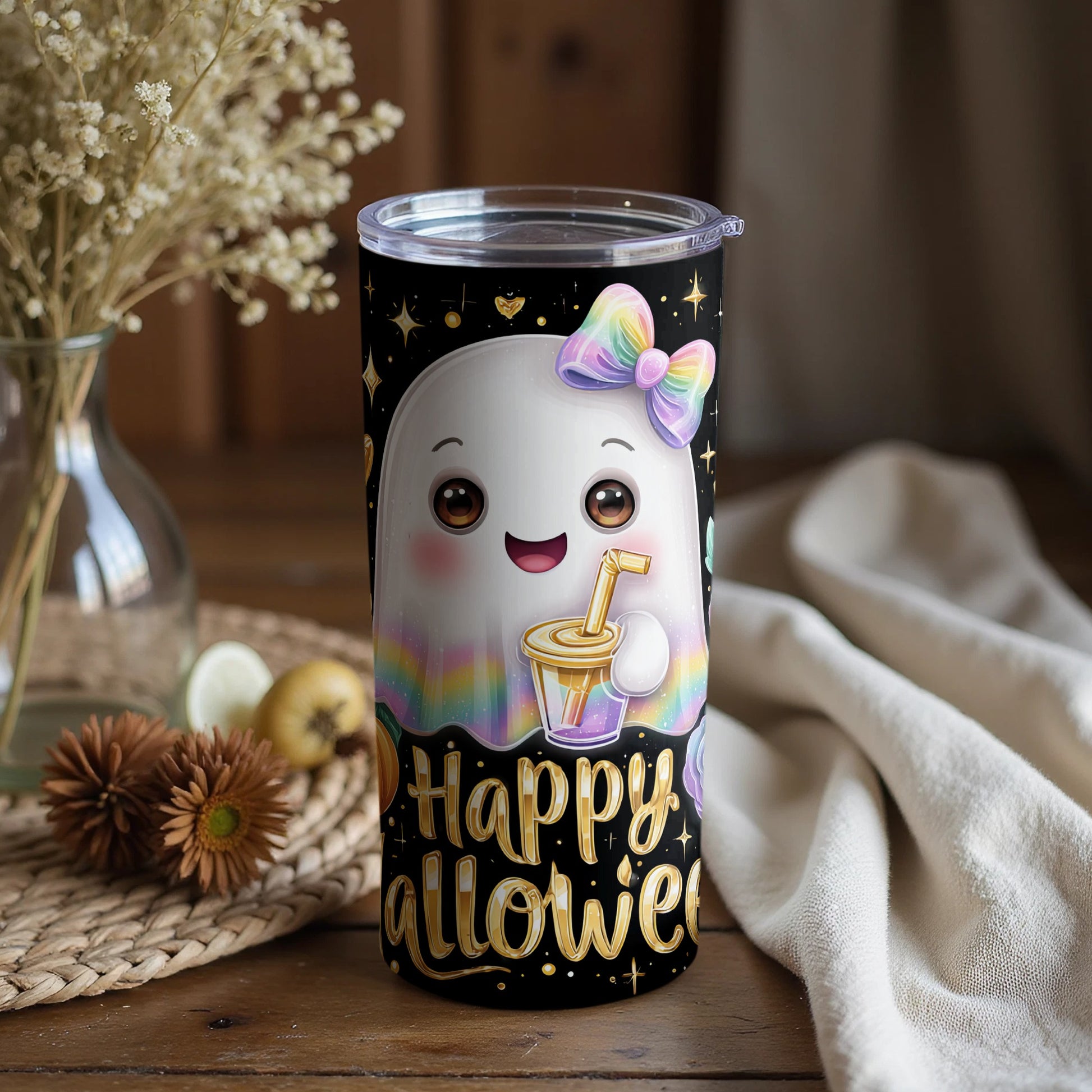 Cute Rainbow Ghost Happy Halloween Tumbler Cup