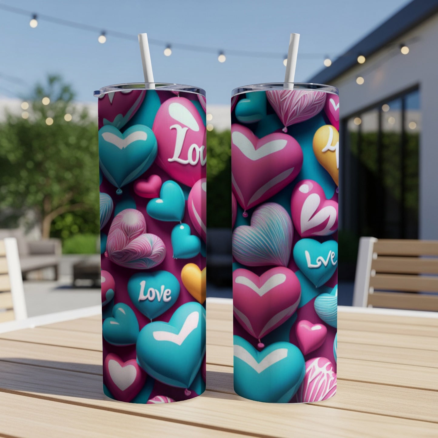 Two tumblers with a pink and teal heart balloon pattern.
