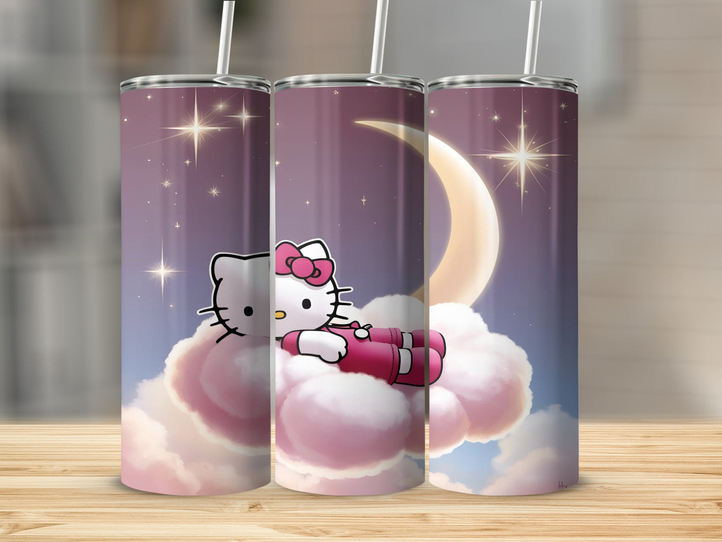 Hello Kitty sleeping on clouds under a crescent moon and stars.