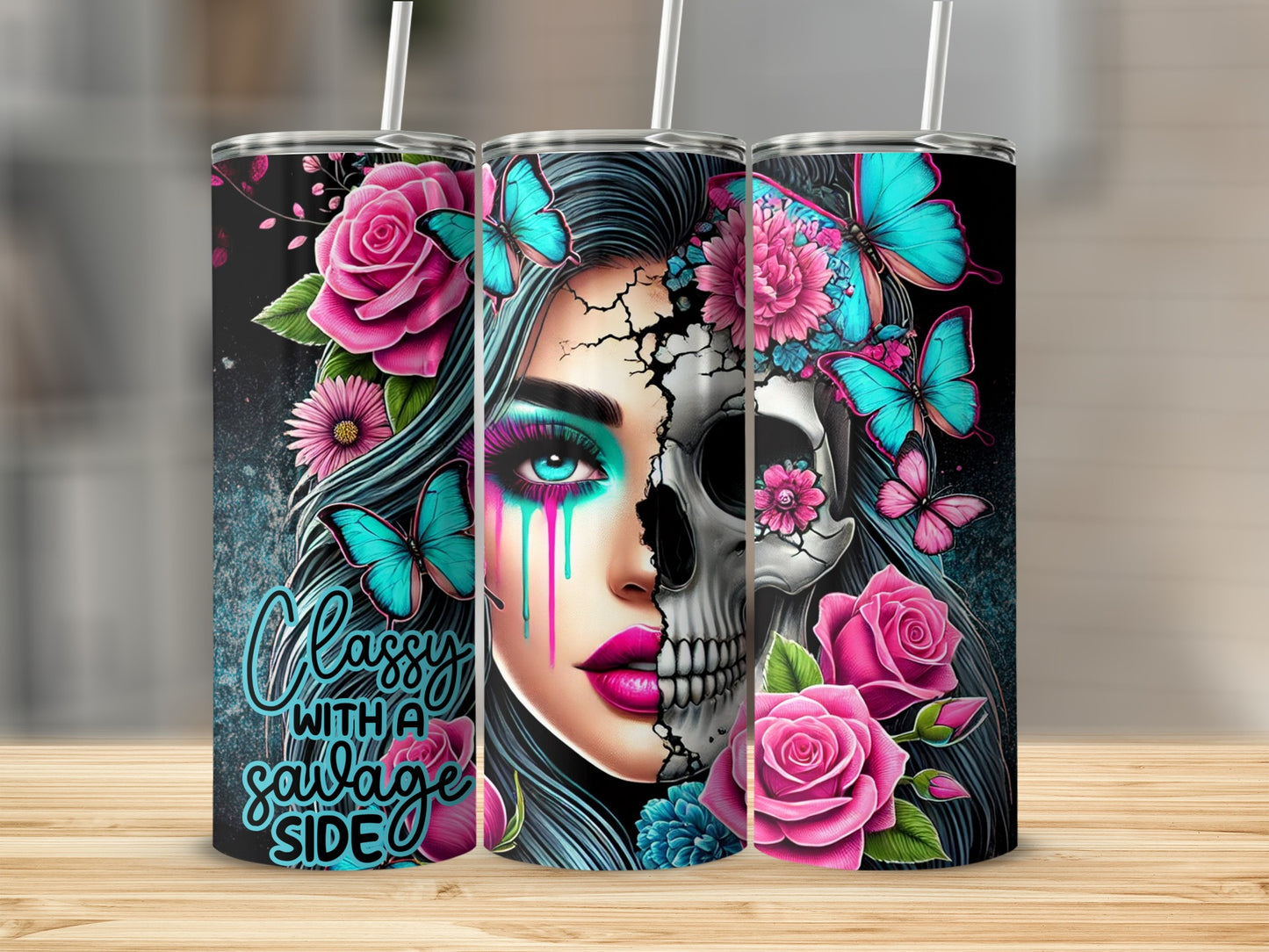 Classy WITH A Savage SIDE Skull Butterfly Rose Tumbler product type