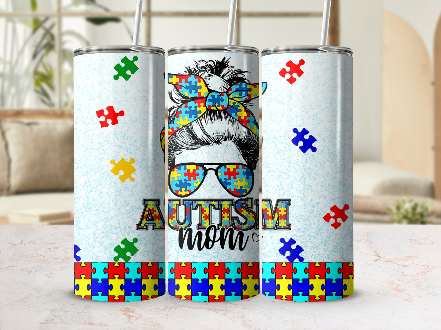 Autism Mom tumbler with puzzle piece design and messy bun illustration.