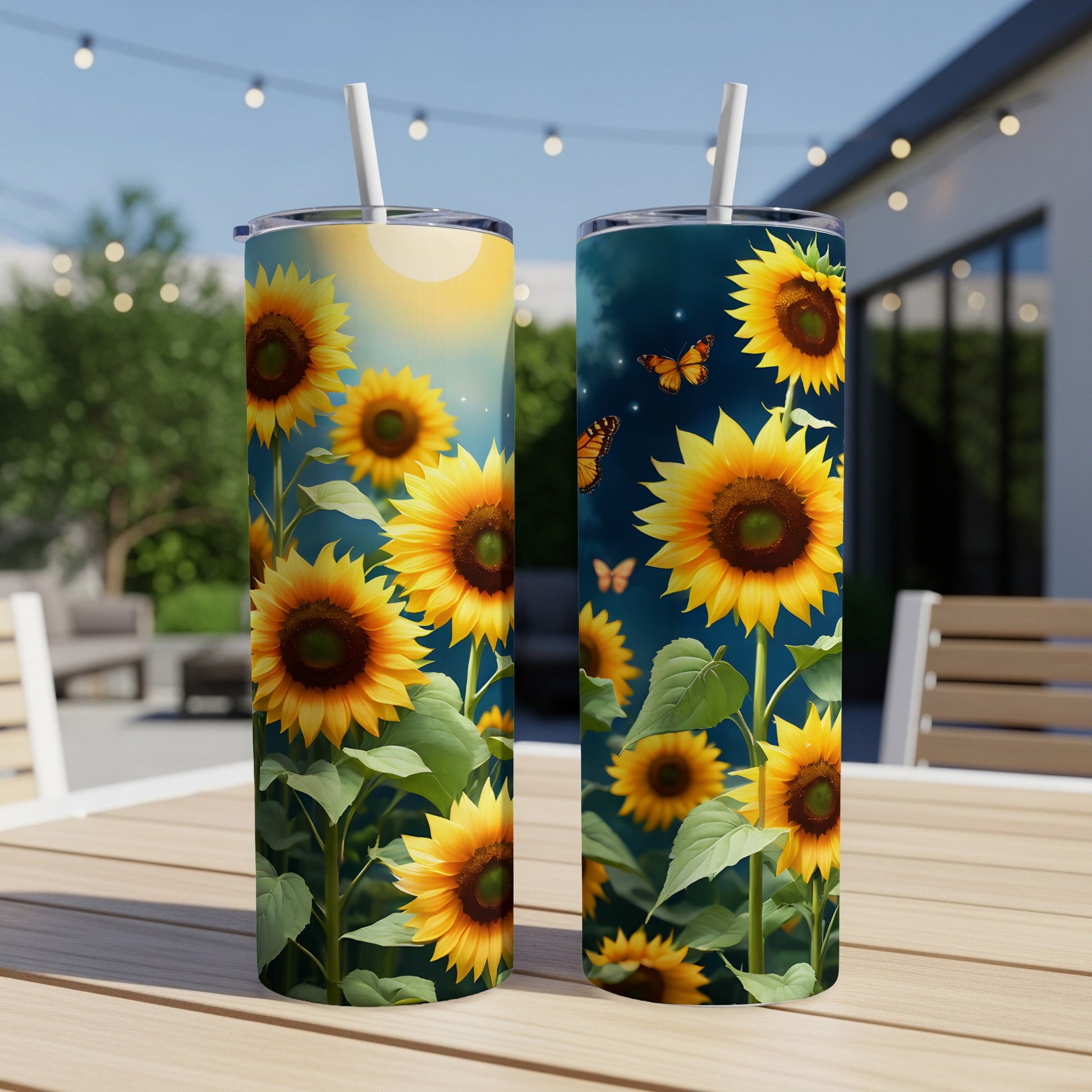 Two tumblers with sunflowers and butterflies on a table outdoors.