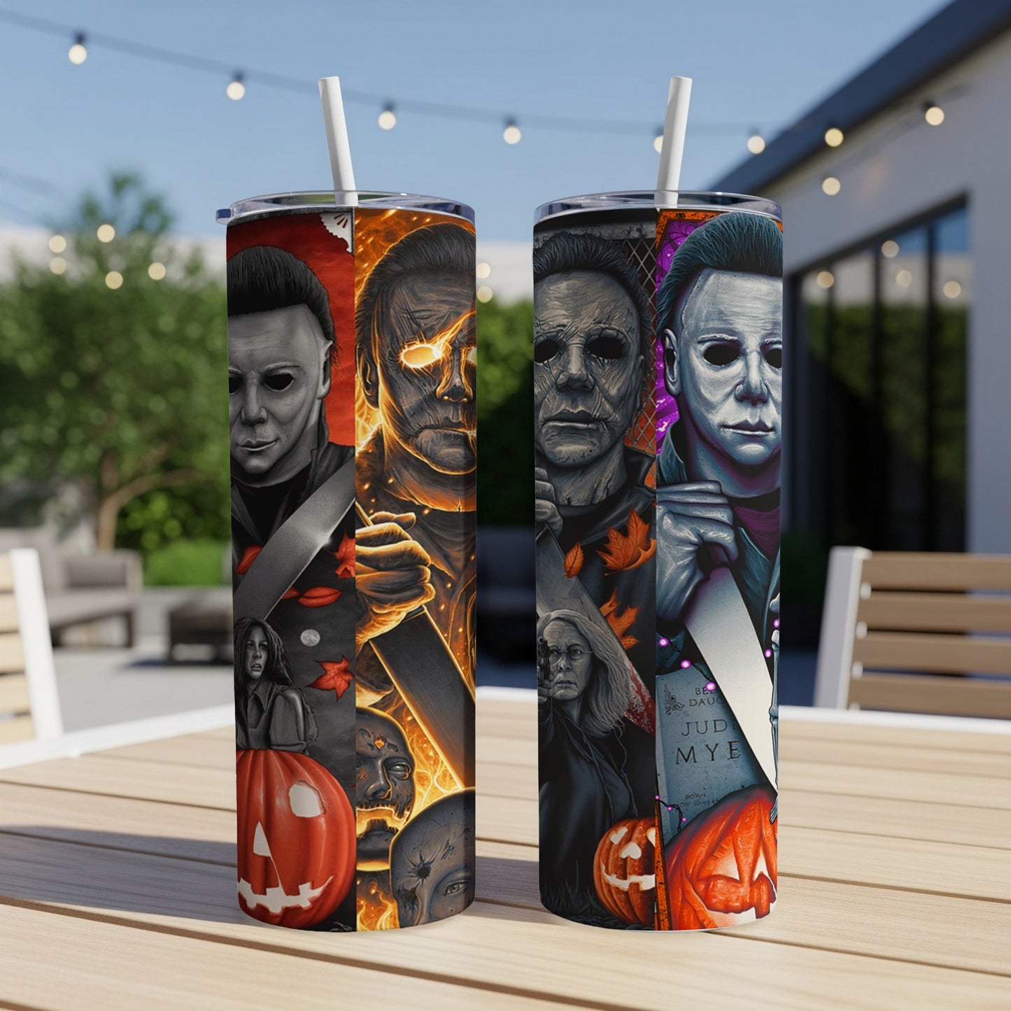 Michael Myers Halloween tumbler with pumpkins and spooky imagery.