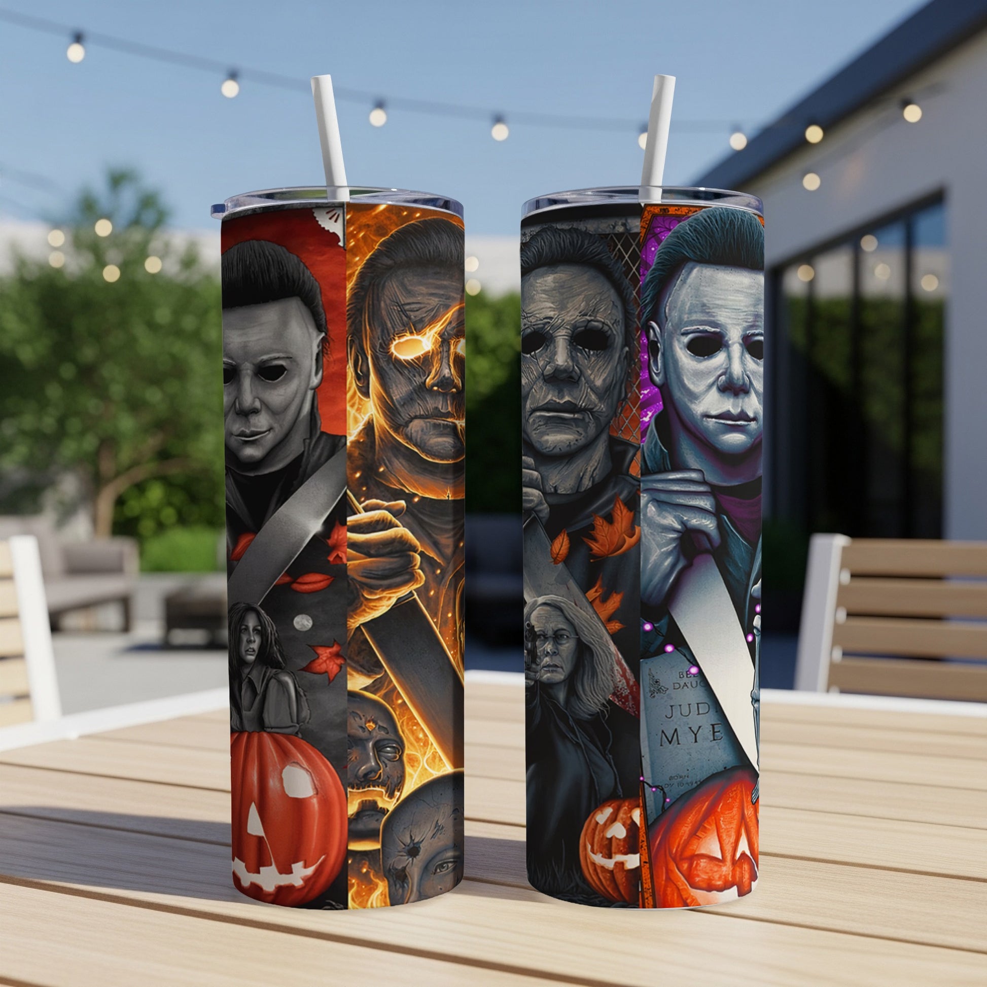 Michael Myers Halloween tumbler with pumpkins and spooky imagery.