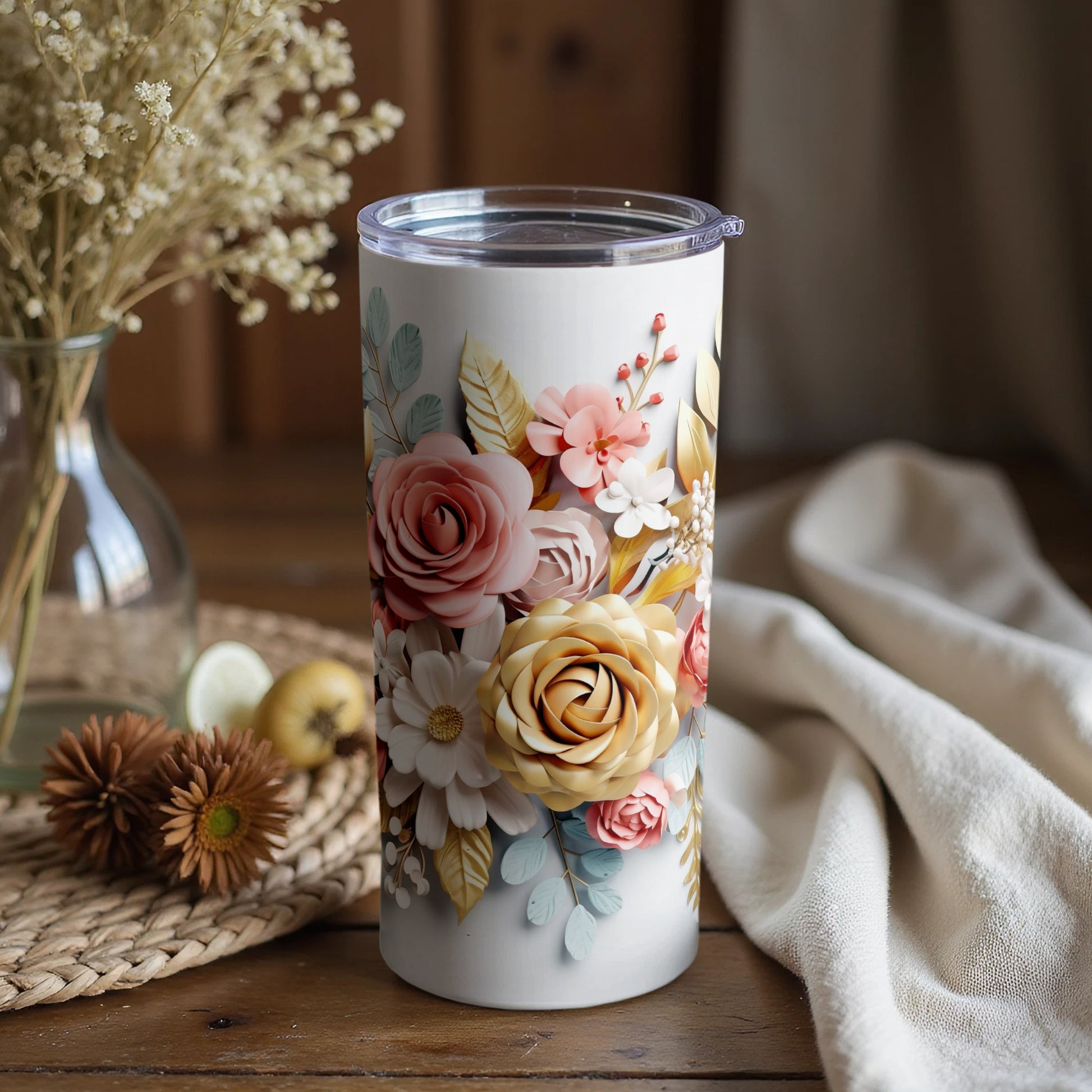 Elegant Floral Design Insulated Travel Mug 20 oz