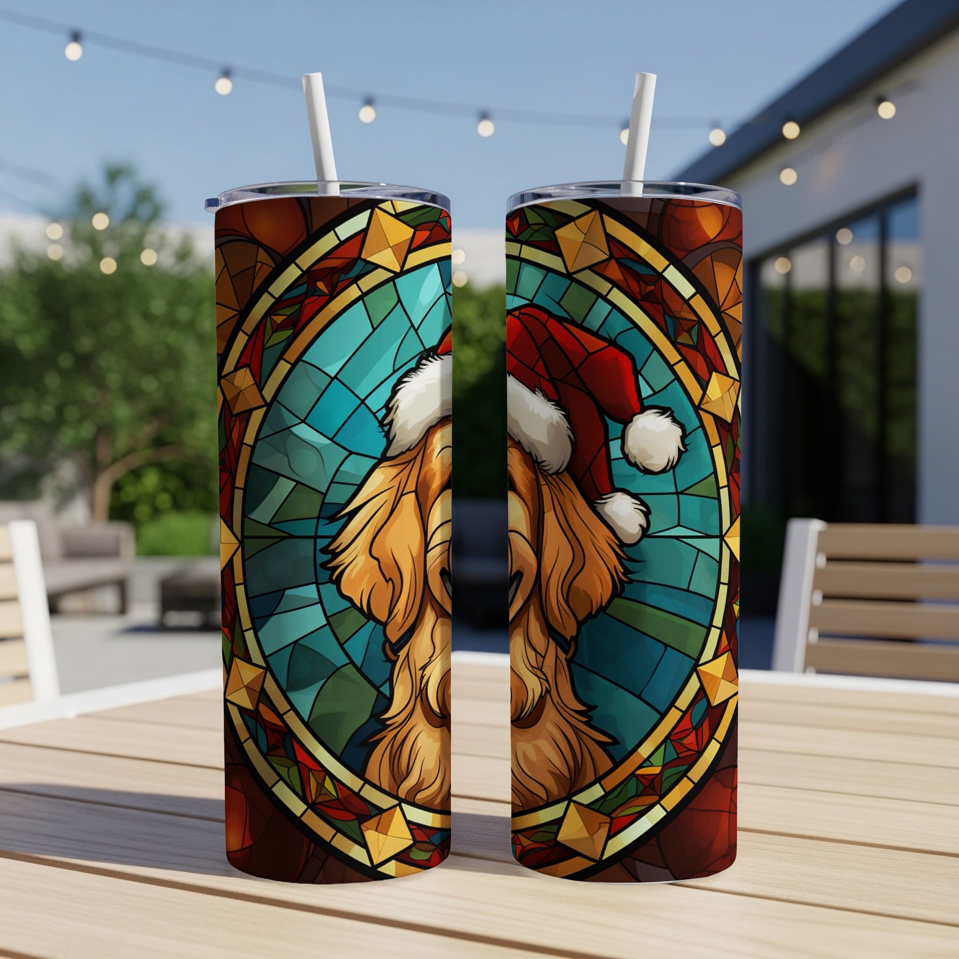 Golden retriever in Santa hat on a stained glass background, displayed on a tumbler.