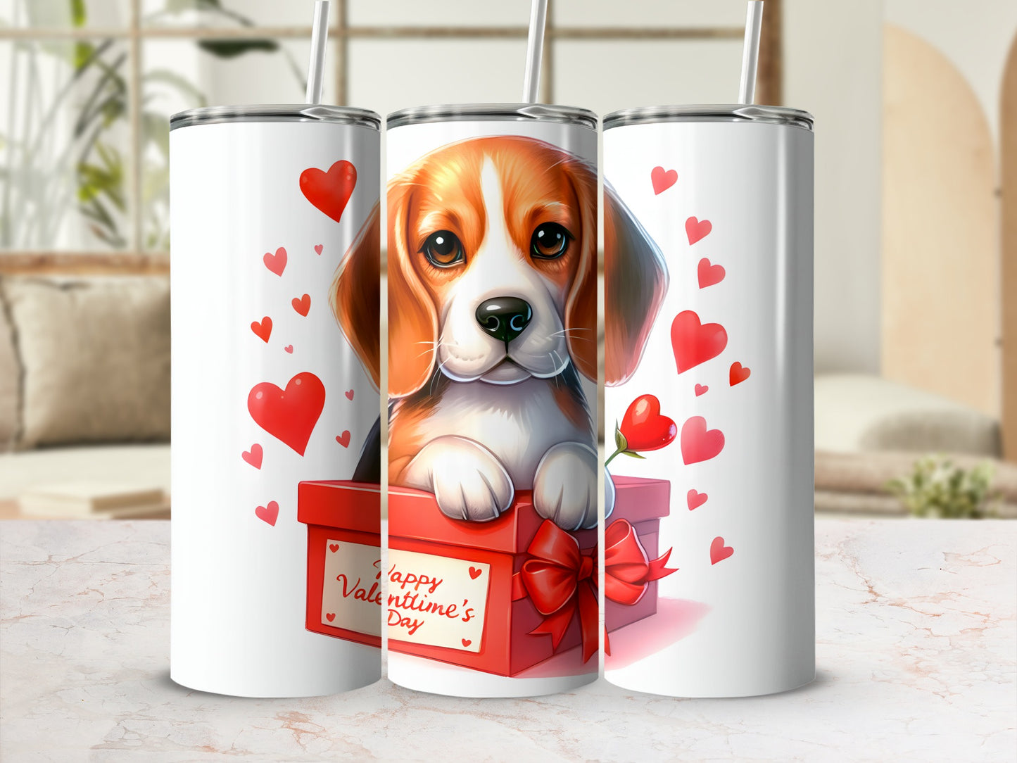 Beagle puppy peeking from a Valentine's Day gift box with hearts.