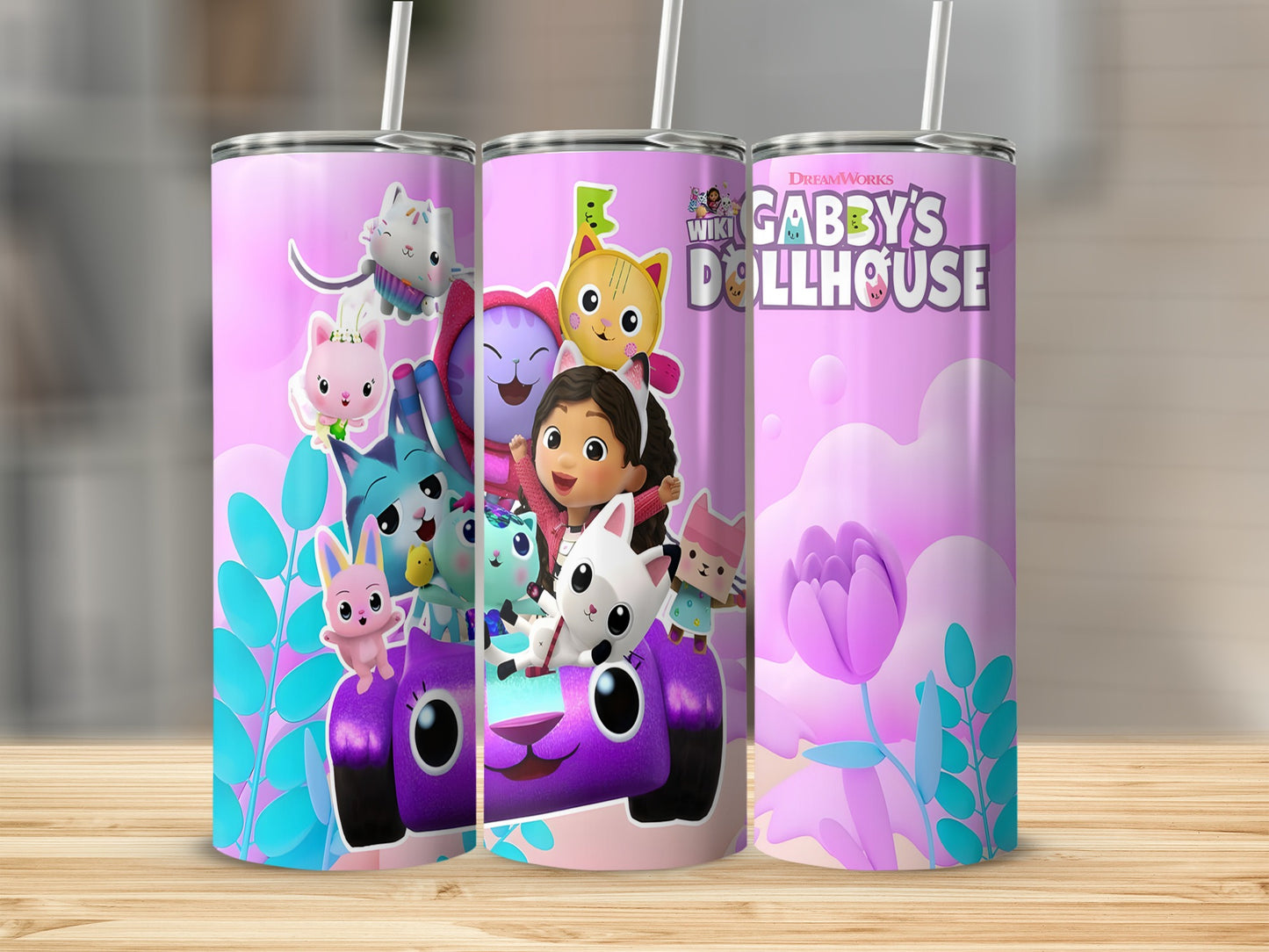 Gabby's Dollhouse characters on a purple tumbler with pink tulips.