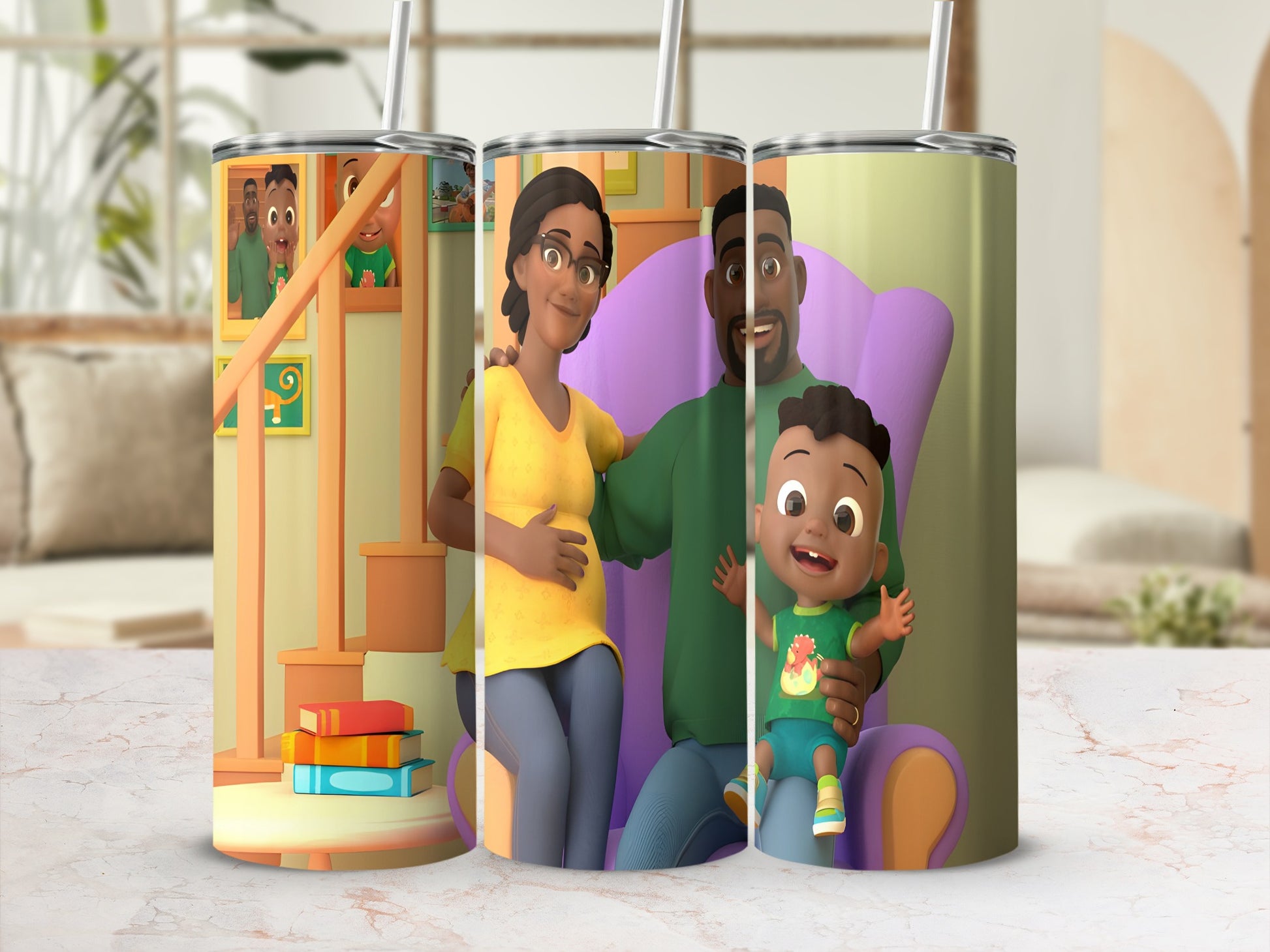 Cocomelon family of three on tumbler cups.