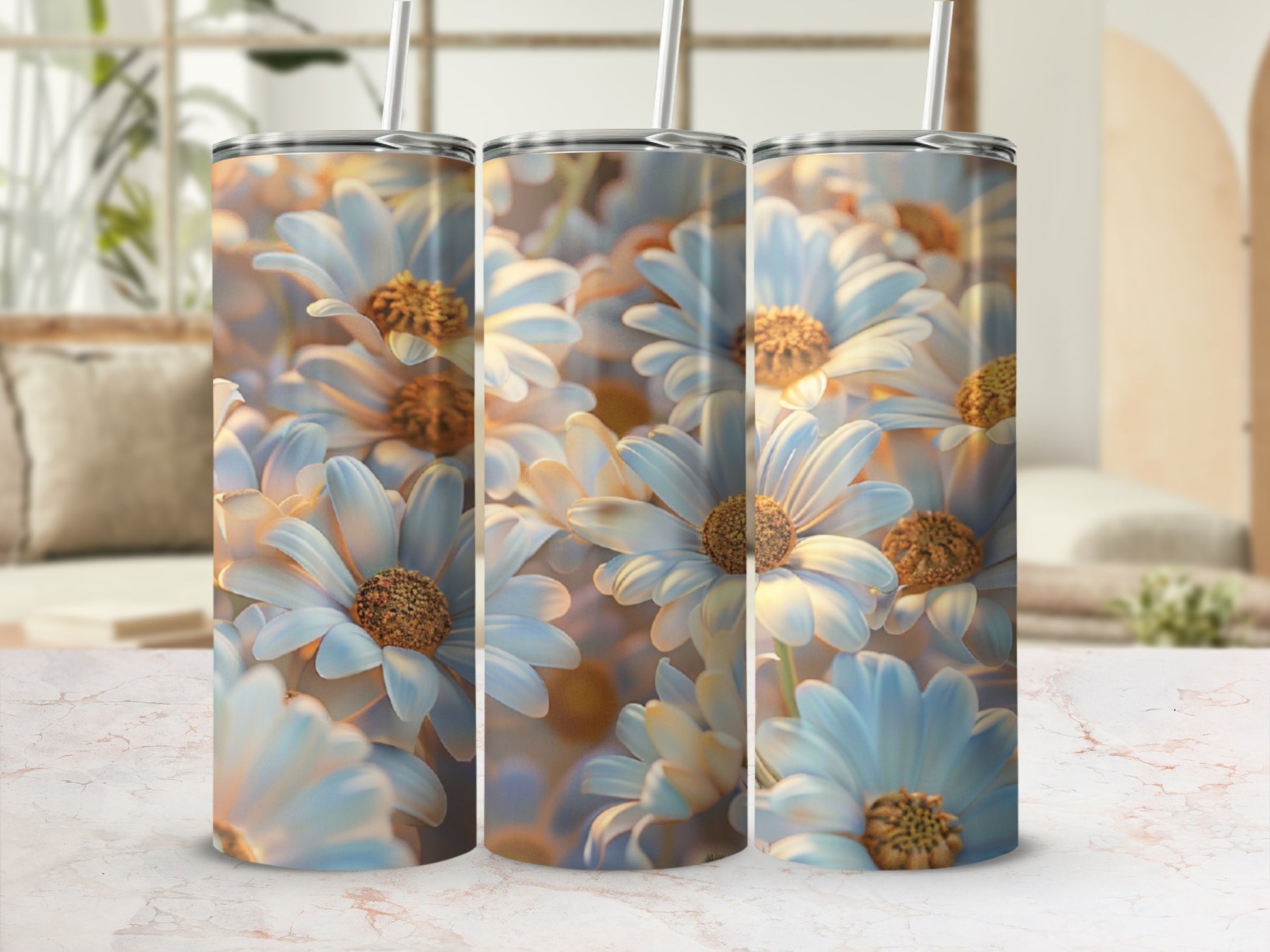 Three tumblers with a close-up floral daisy pattern in soft, warm light.