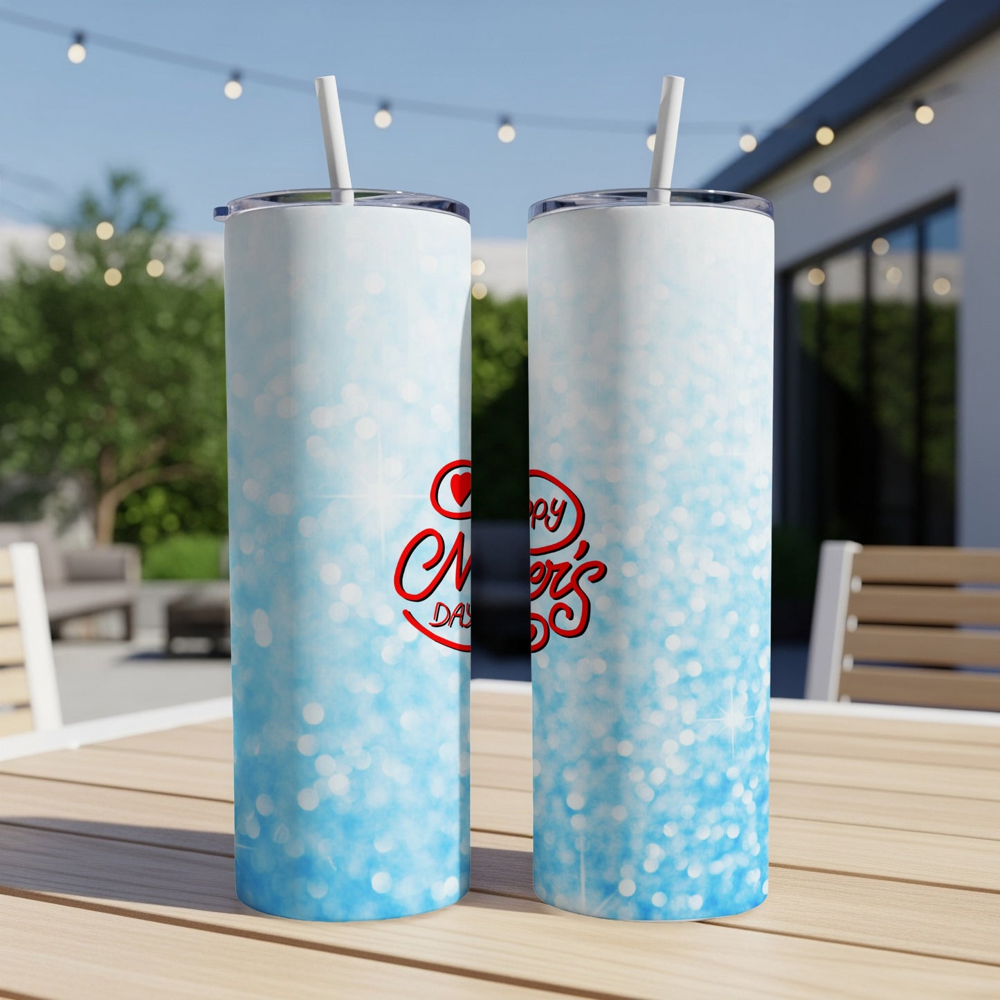 Two blue glitter-covered tumblers with "Happy Mother's Day" text.