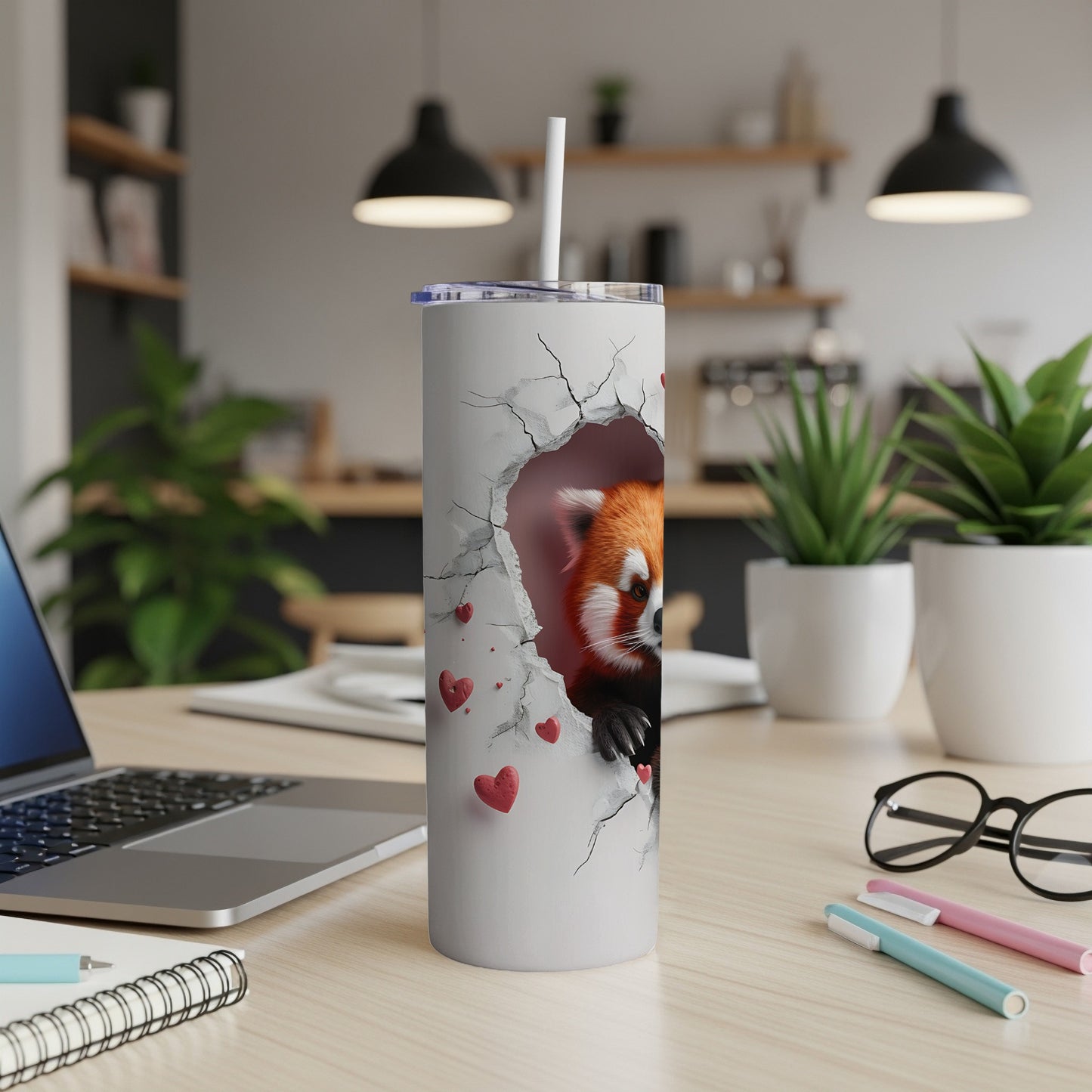 Red panda peeking through cracked white tumbler with heart details.