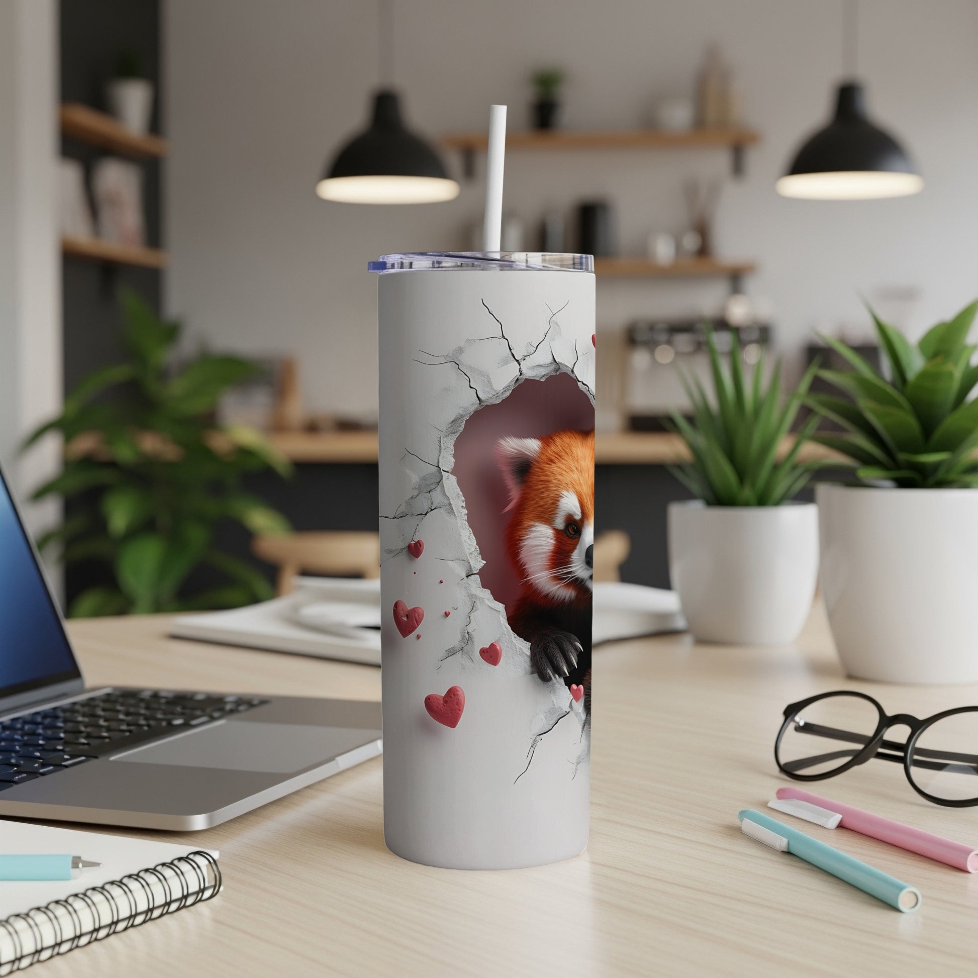 Red panda peeking through cracked white tumbler with heart details.