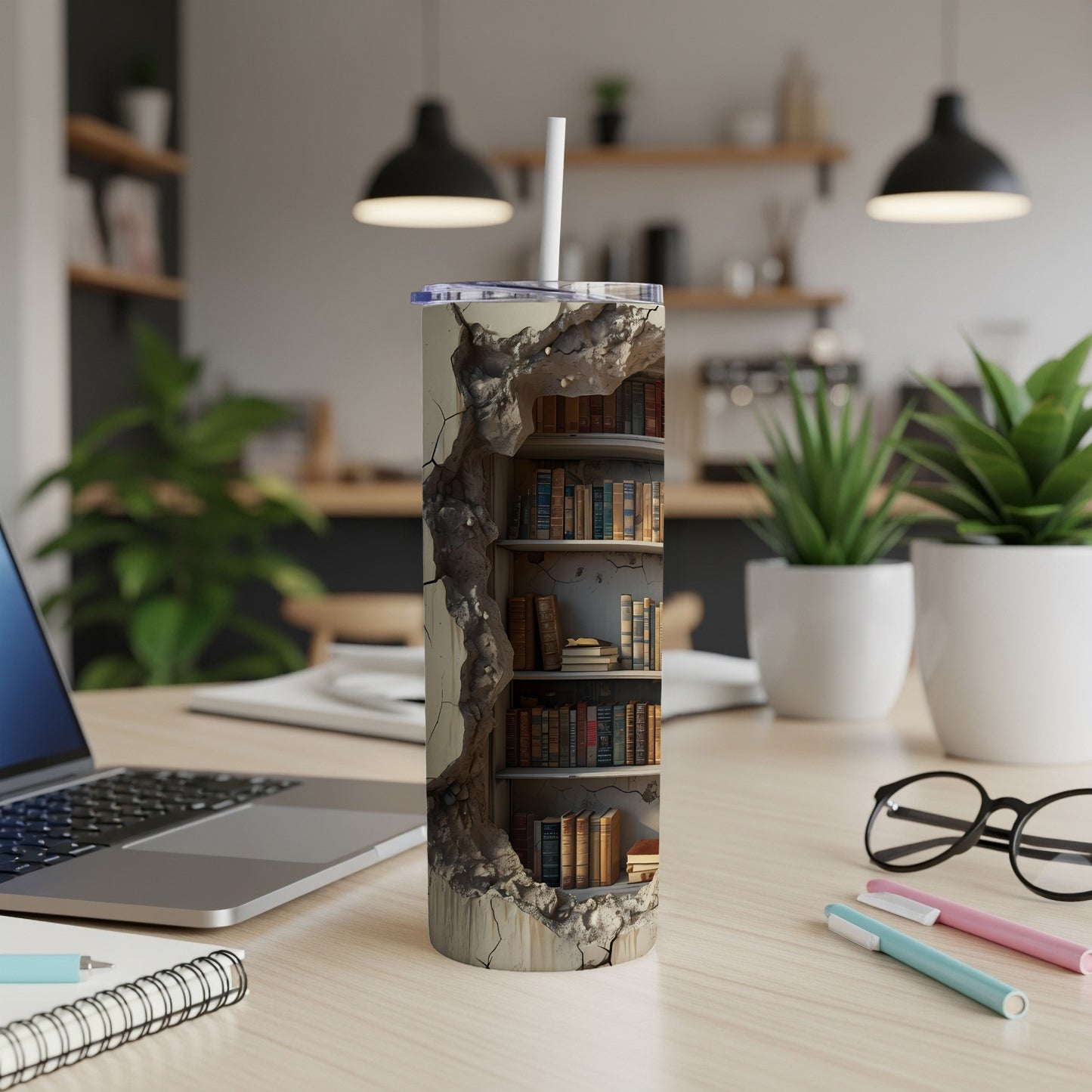 Tumbler with a bookshelf facade design against a cracked wall background.